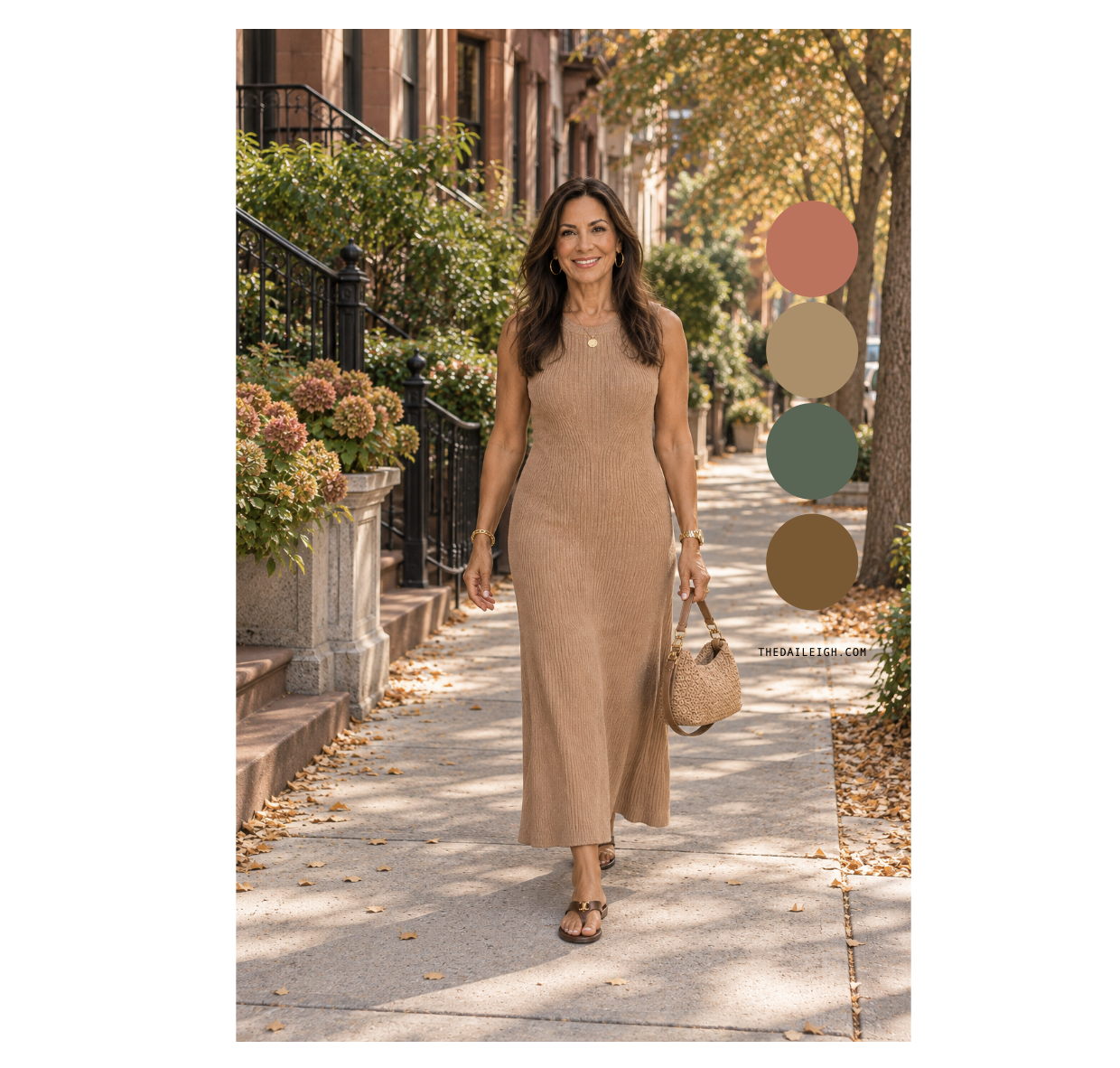 How to dress in fall when it's still warm.  Women over 50 wearing a sweater dress with sandals in October.