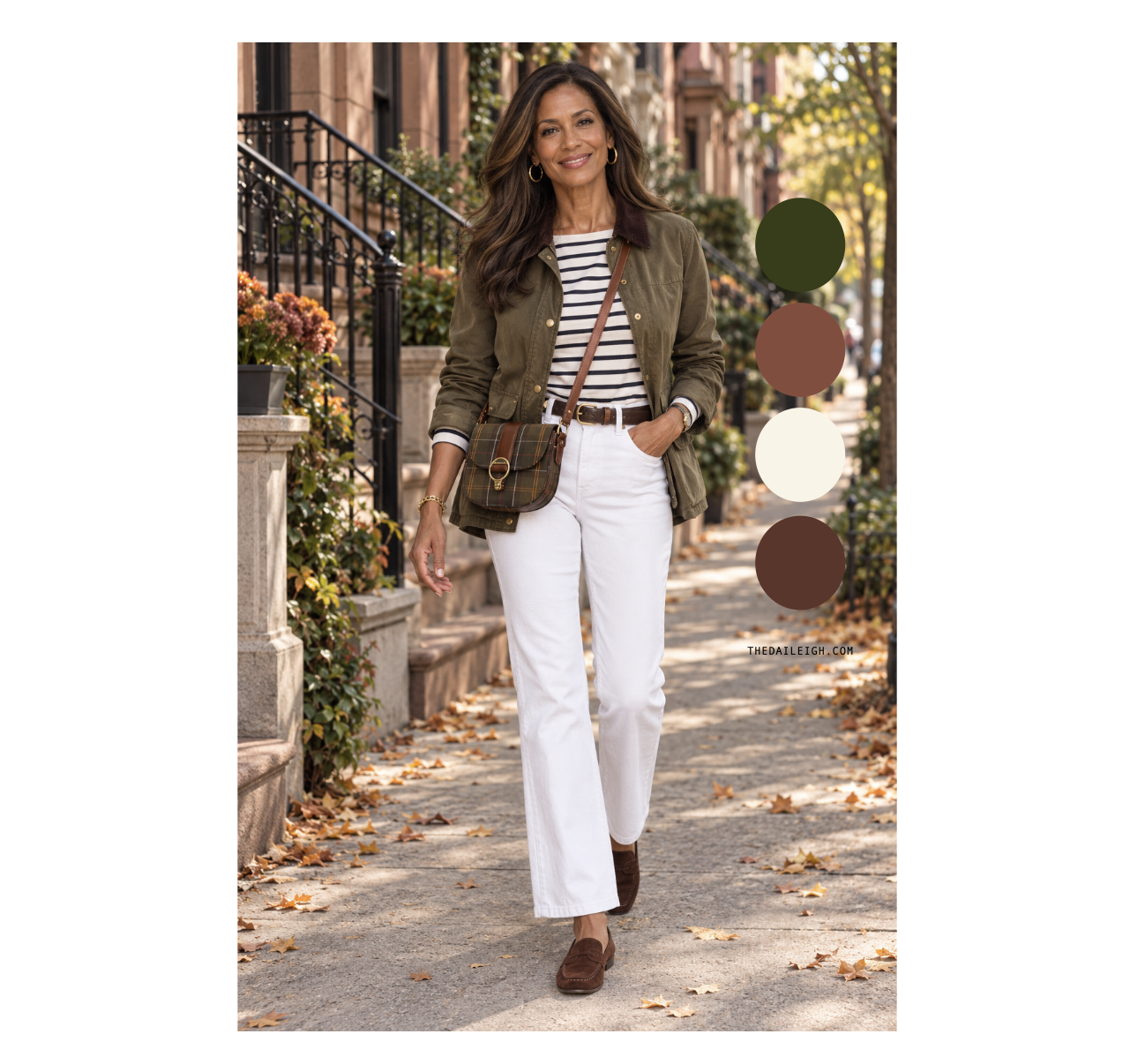 Woman in her 50s wearing a classic casual fall outfit.