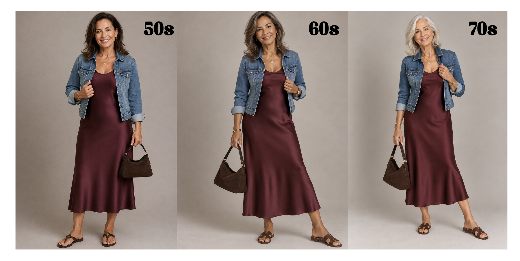 Women over 50 showing how to wear a slip dress.