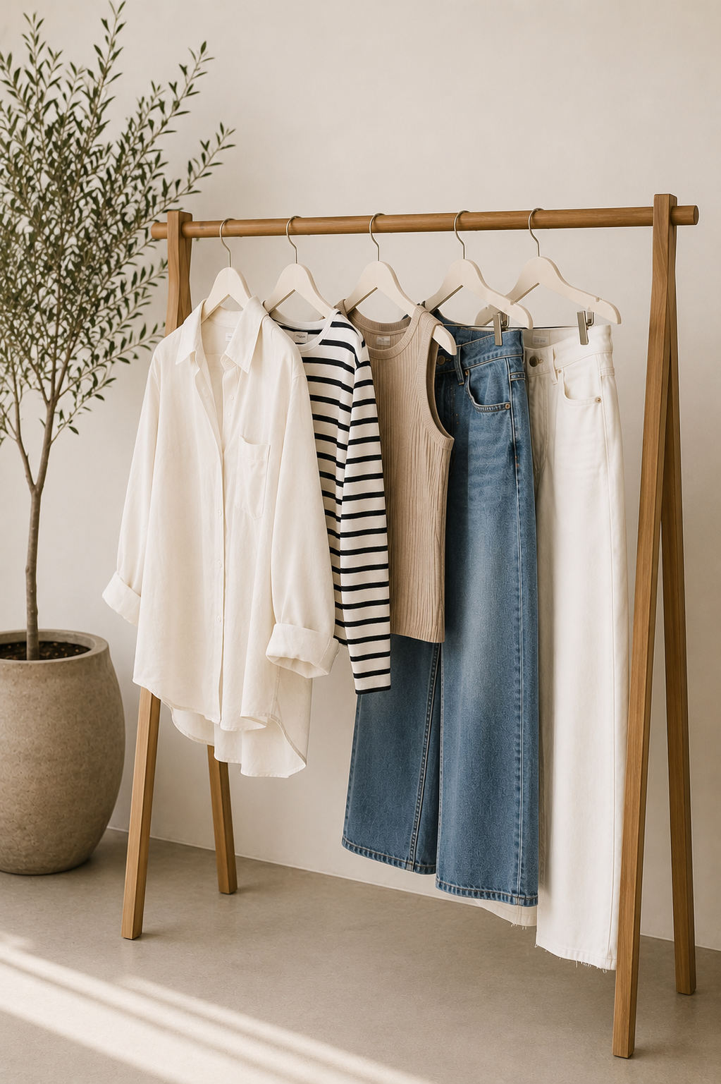 classic wardrobe essentials hanging on a clothe rack.