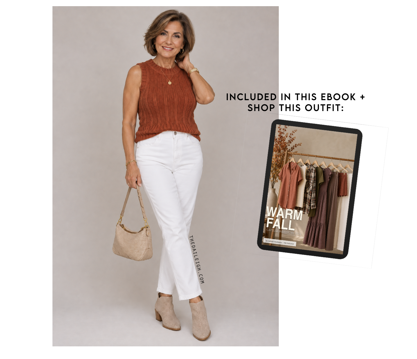 Women in her 70s styling white jeans in fall with booties.