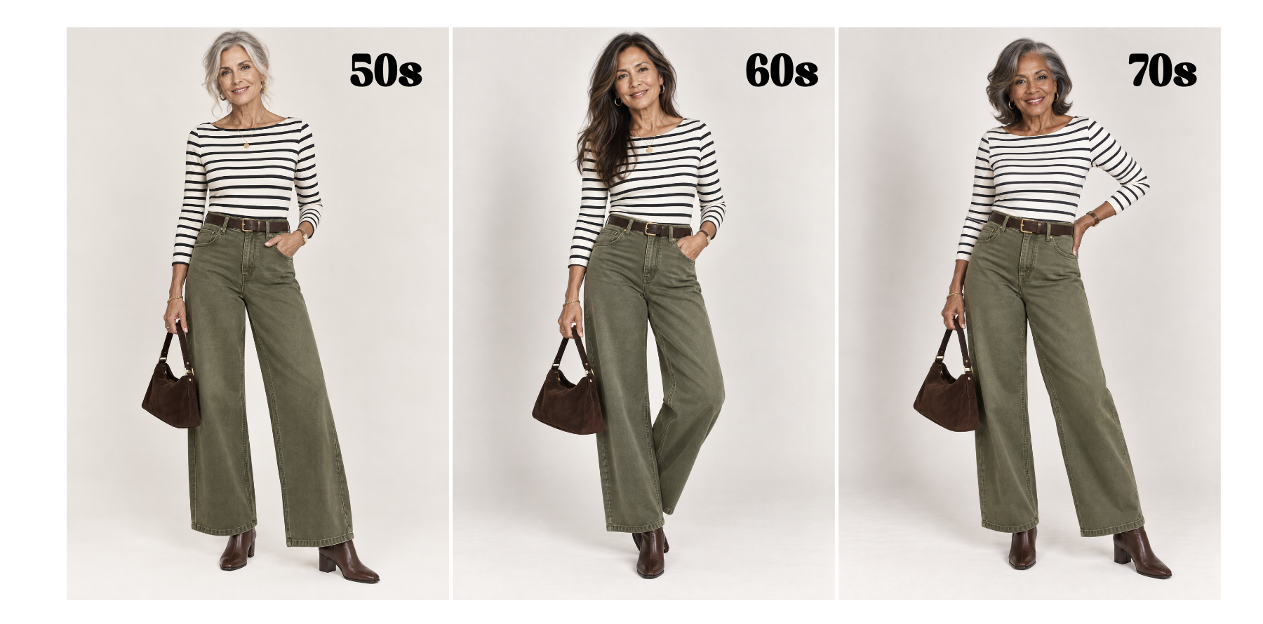 Women over 50 showing how to style a striped tee and olive wide leg jeans with boots for fall.