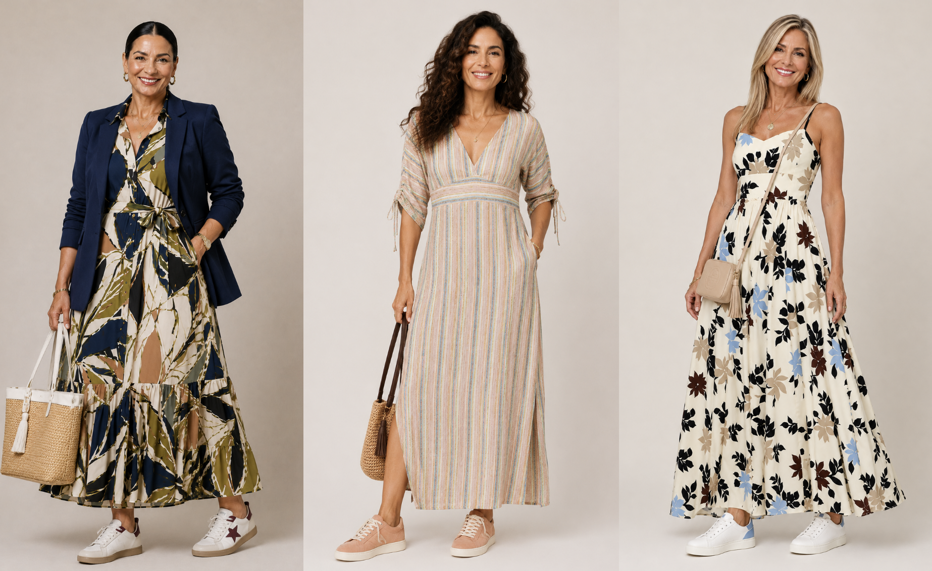 Women in their 50s wearing a dress with sneakers.