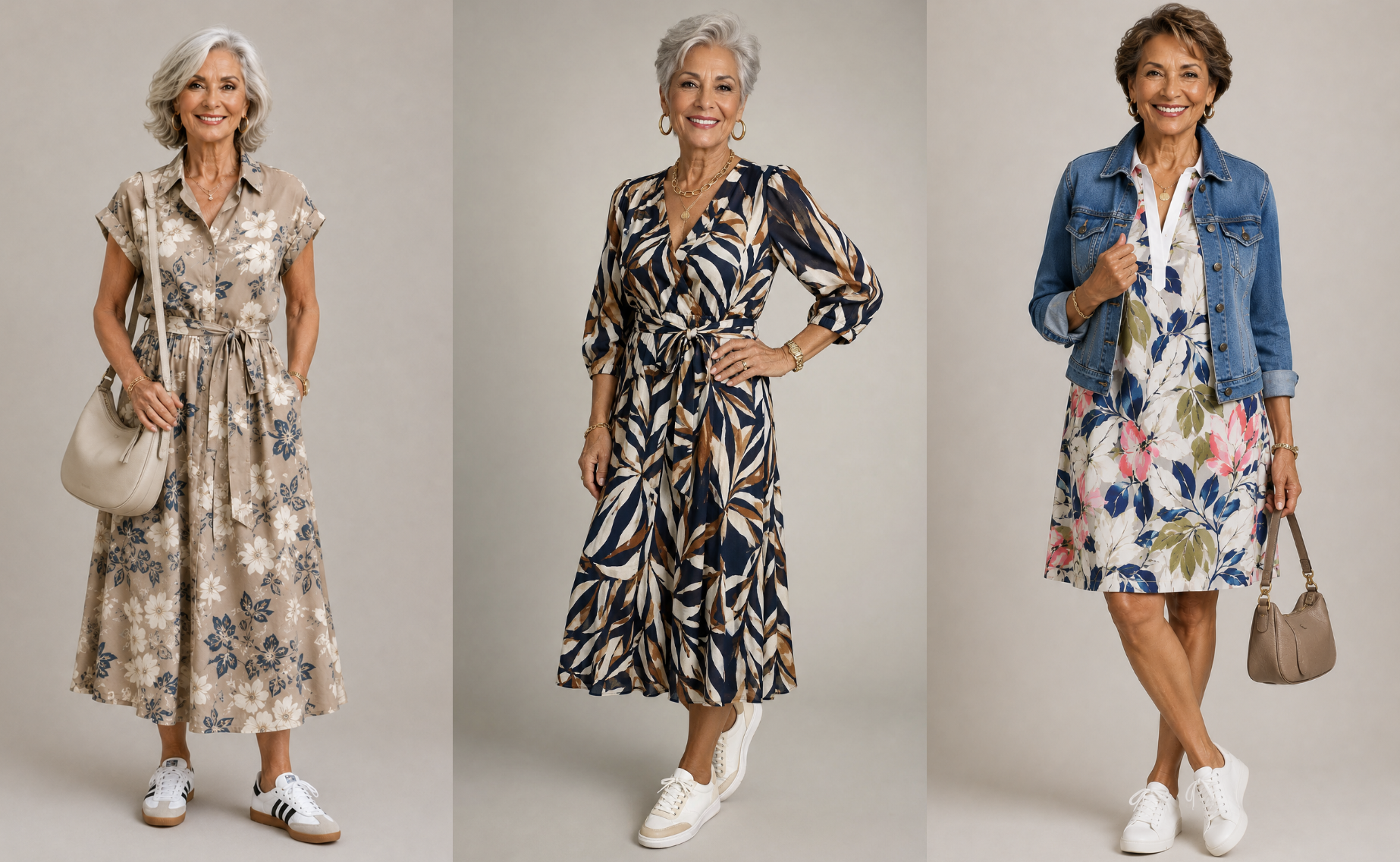 Women over 70 wearing a dress with sneakers.