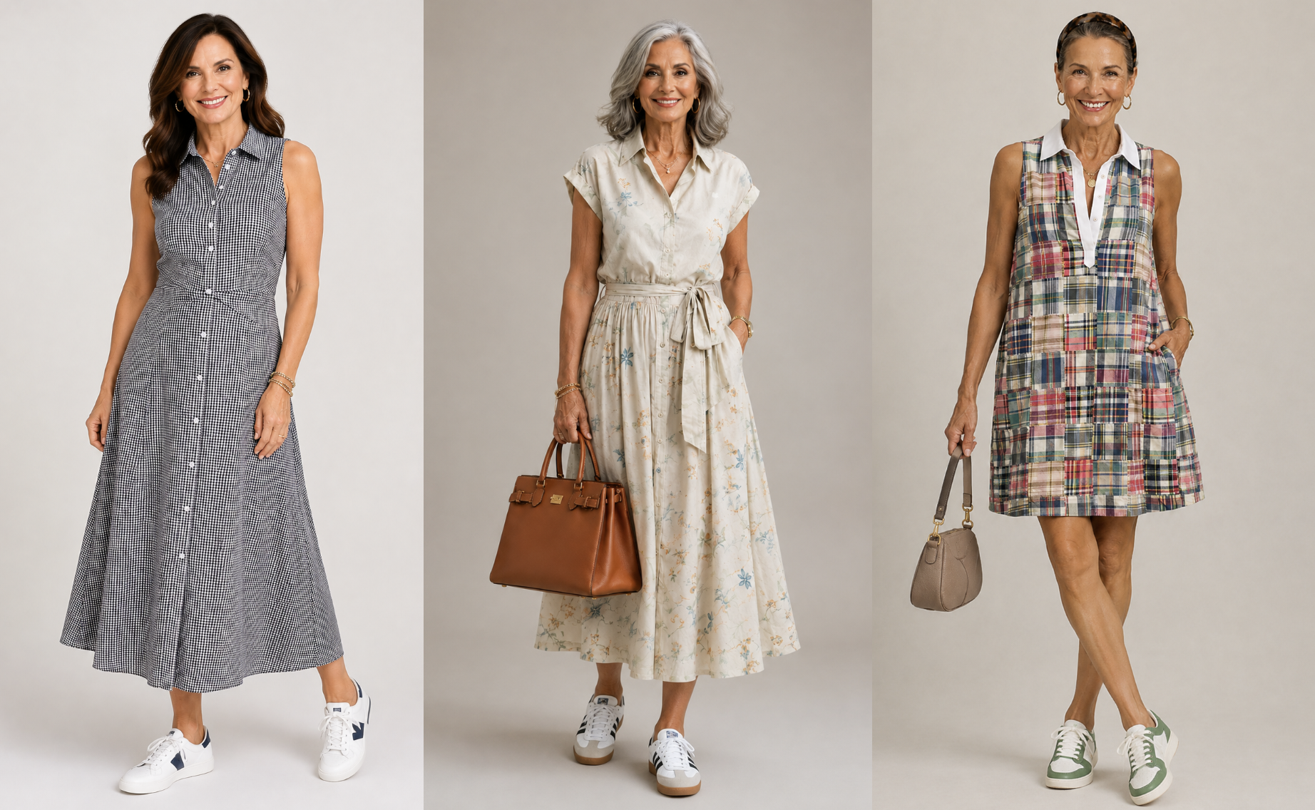 Women in their 60s wearing a dress with sneakers.