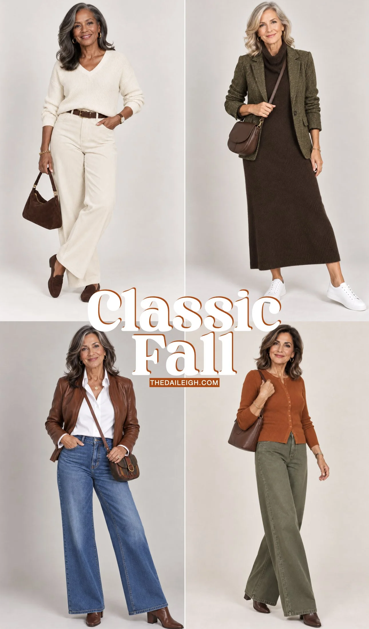 Women in their 60s wearing casual classic fall outfits.