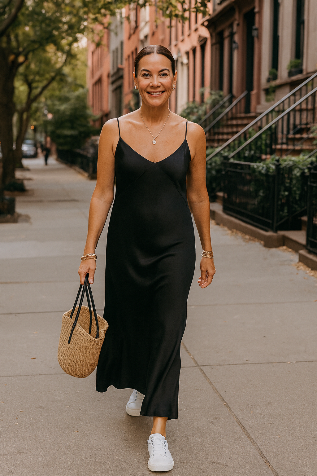 Women wearing a black maxi slip dress with white sneakers.