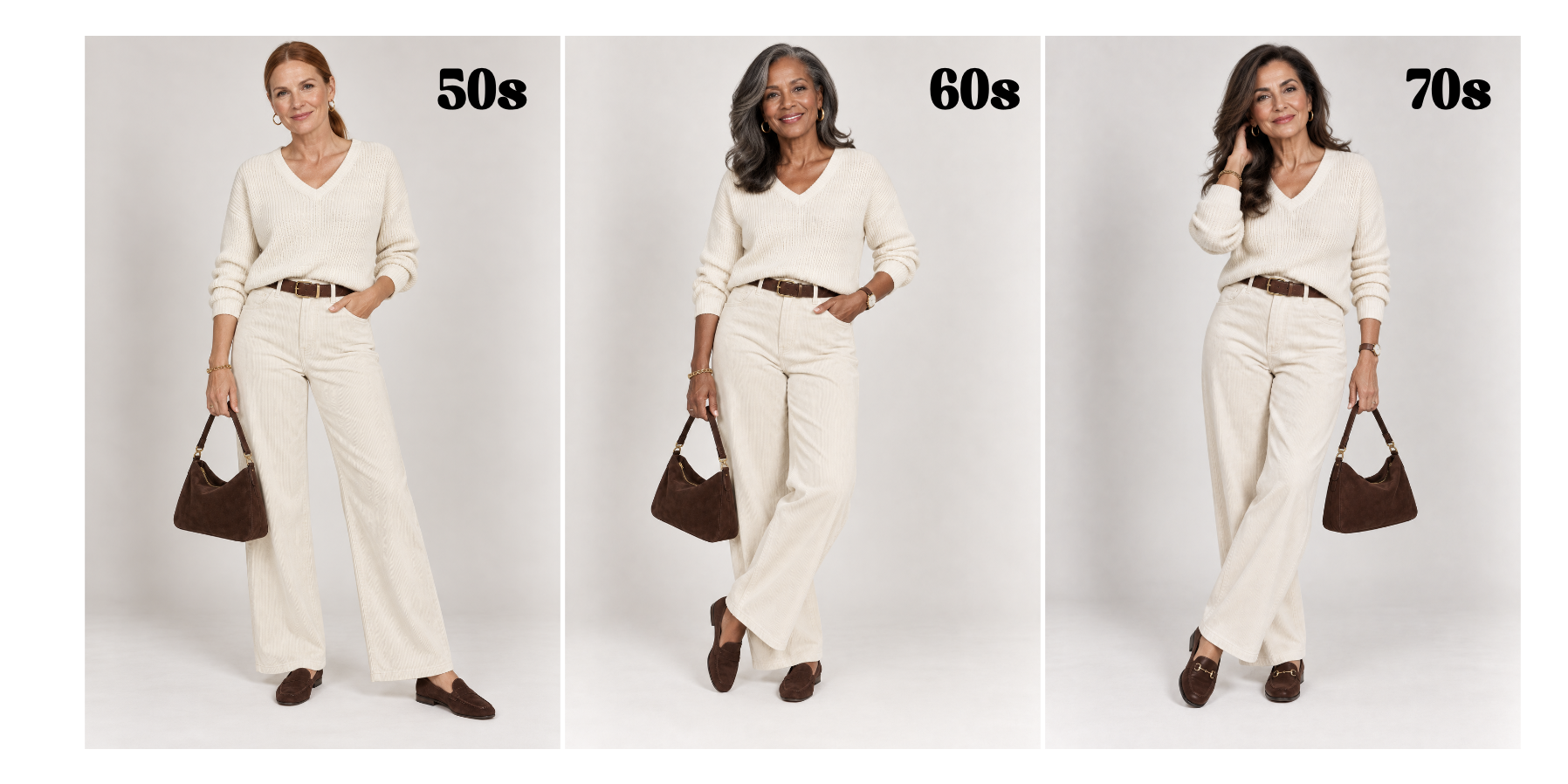 Women over 50 showing how to style a cream sweater with off white corduroy pants and boots for fall.