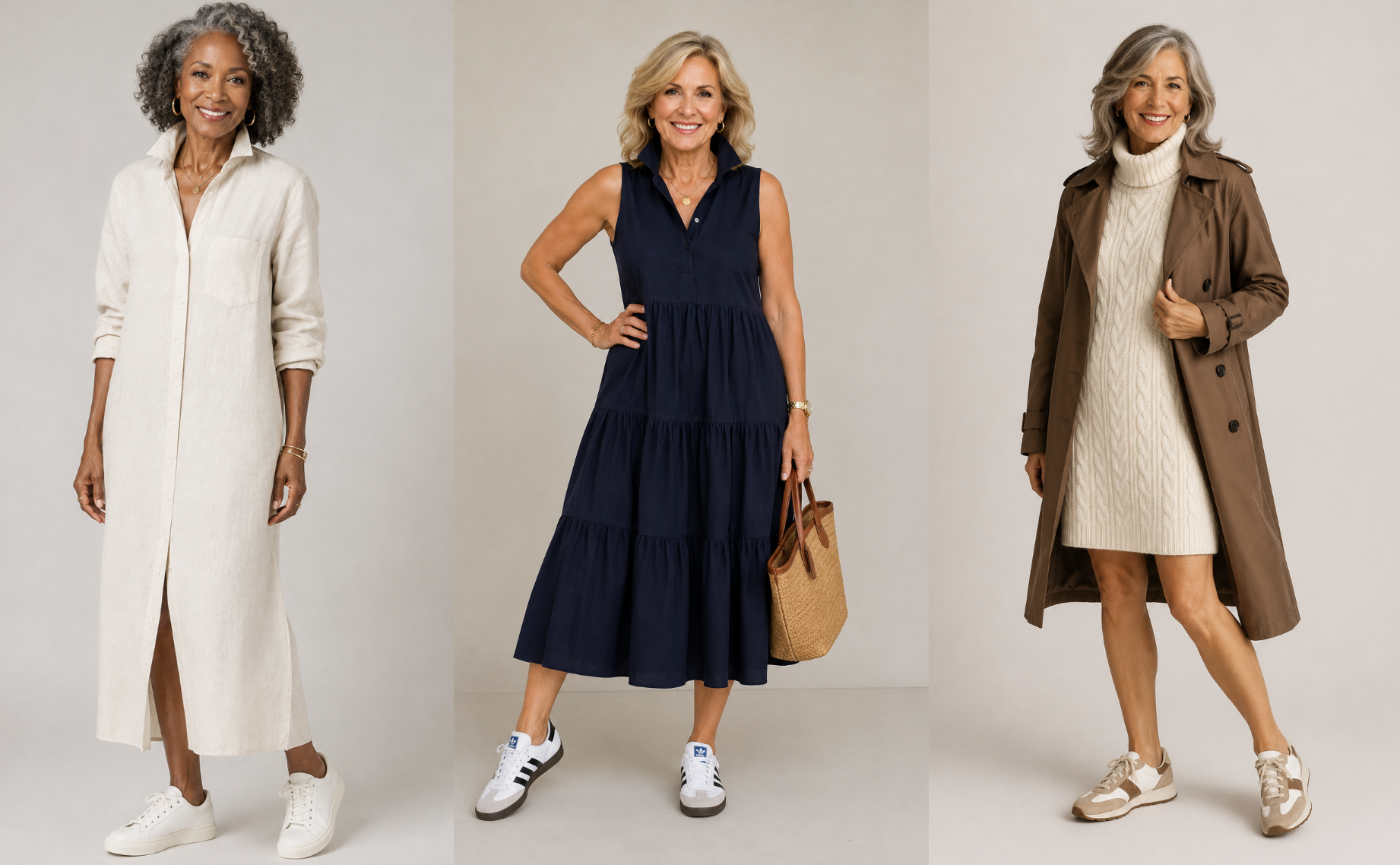 Women in her 60s wearing a dress with sneakers.