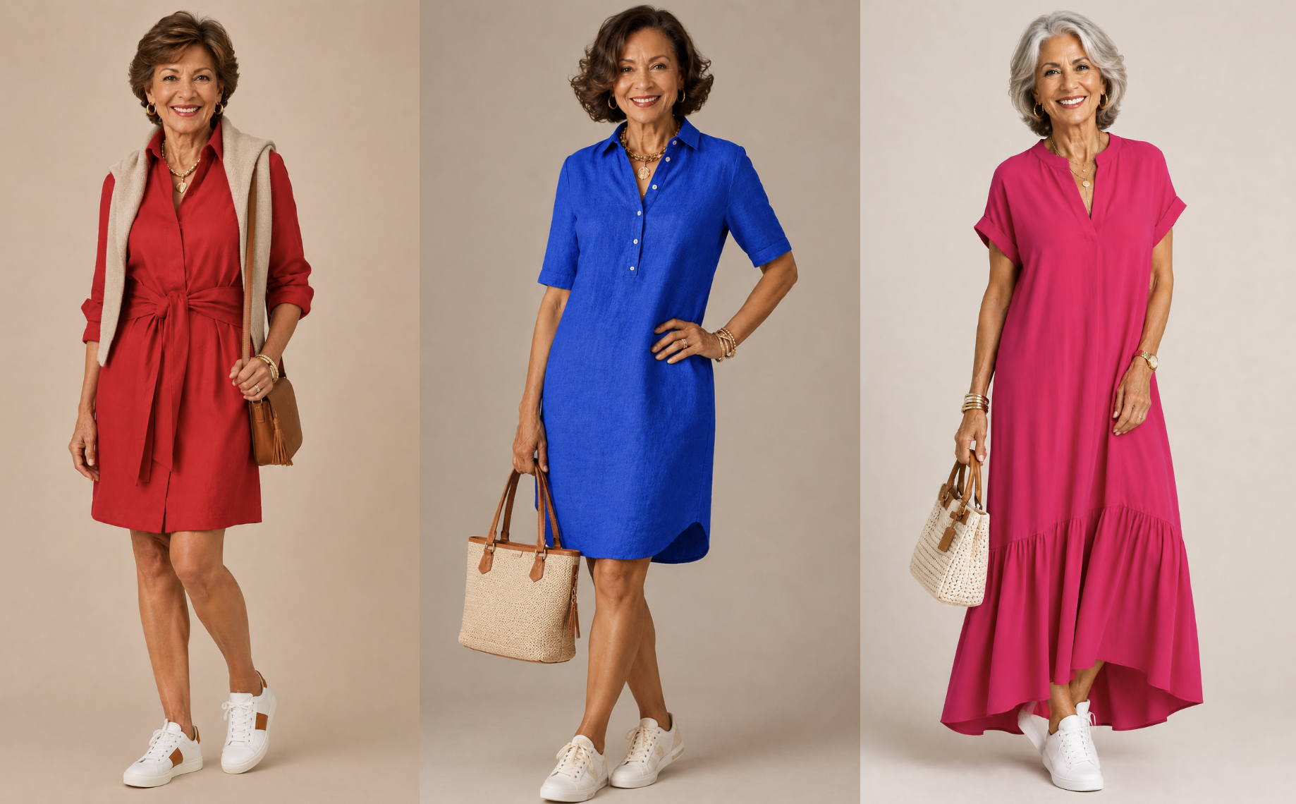 Women in their 70s styling a dress with sneakers.