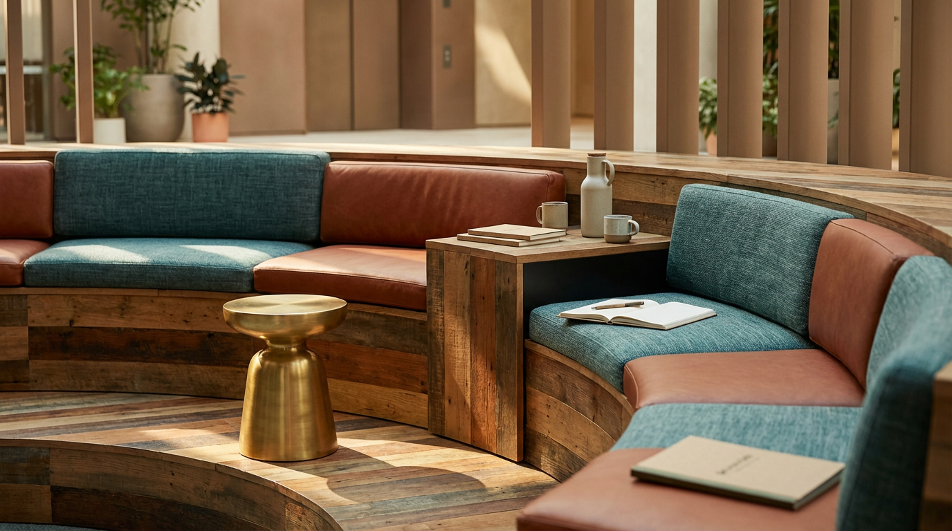 A curved wooden seating area with teal and brown cushions, a small wooden table with a book, a brass side table, and potted plants in the background.