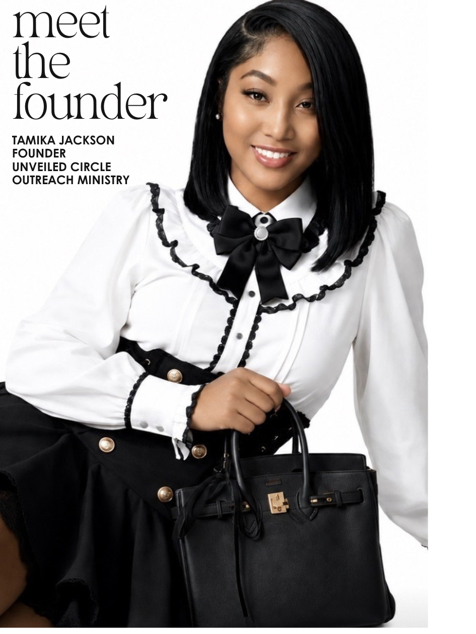 A woman with black hair and a white blouse with black ruffle details and a bow tie, holding a black handbag, sitting against a white background. Text on the image says 'Meet the Founder Tamika Jackson Founder Unveiled Circle Outreach Ministry.'