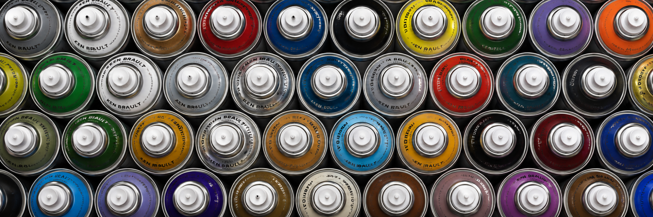 A top view of colorful spray paint cans arranged in rows.