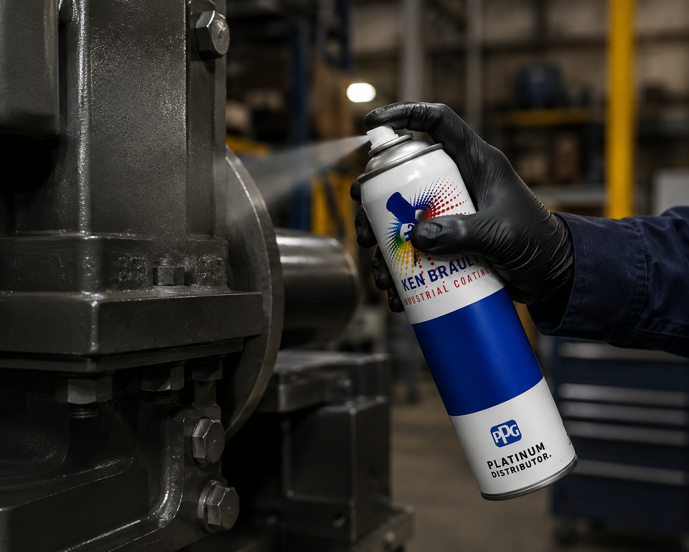 A person wearing black gloves and a dark blue long-sleeve shirt holding a can of Ken Brault industrial coating, spraying it onto metallic machinery in an industrial setting.