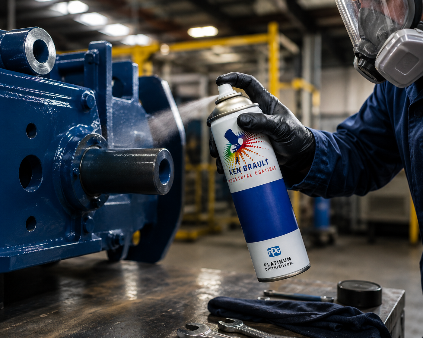 Person wearing gloves and a face mask is spraying industrial coating onto a blue machine part in a workshop.