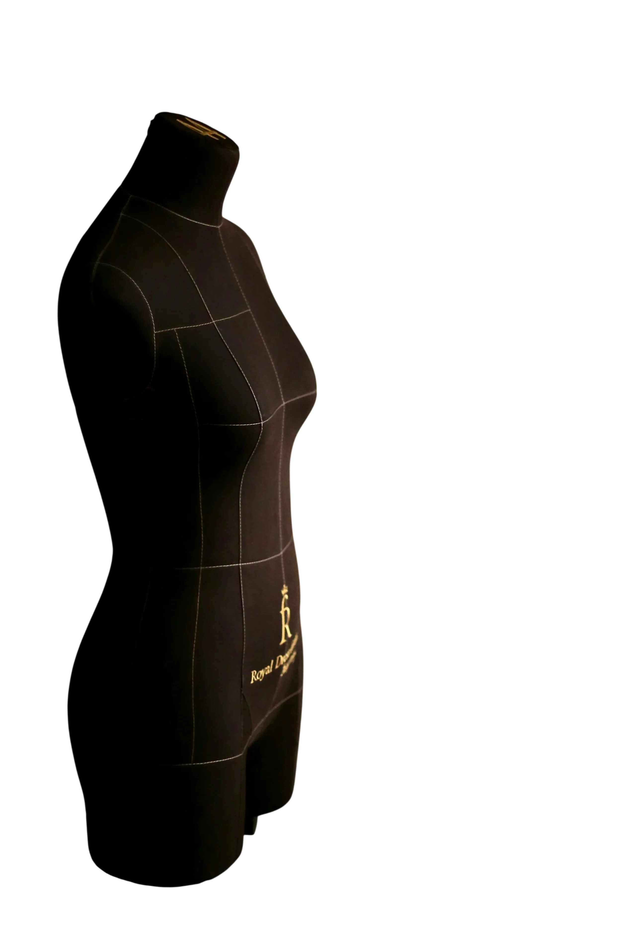 Black mannequins with white stitching on a dark background, one with gold text reading 'Royal' and a gold crown logo.