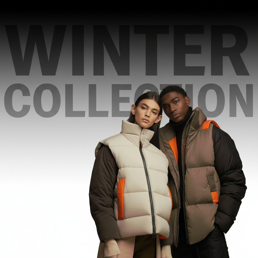 Two models wearing winter jackets stand in front of a backdrop with the text 'Winter Collection' in large letters.