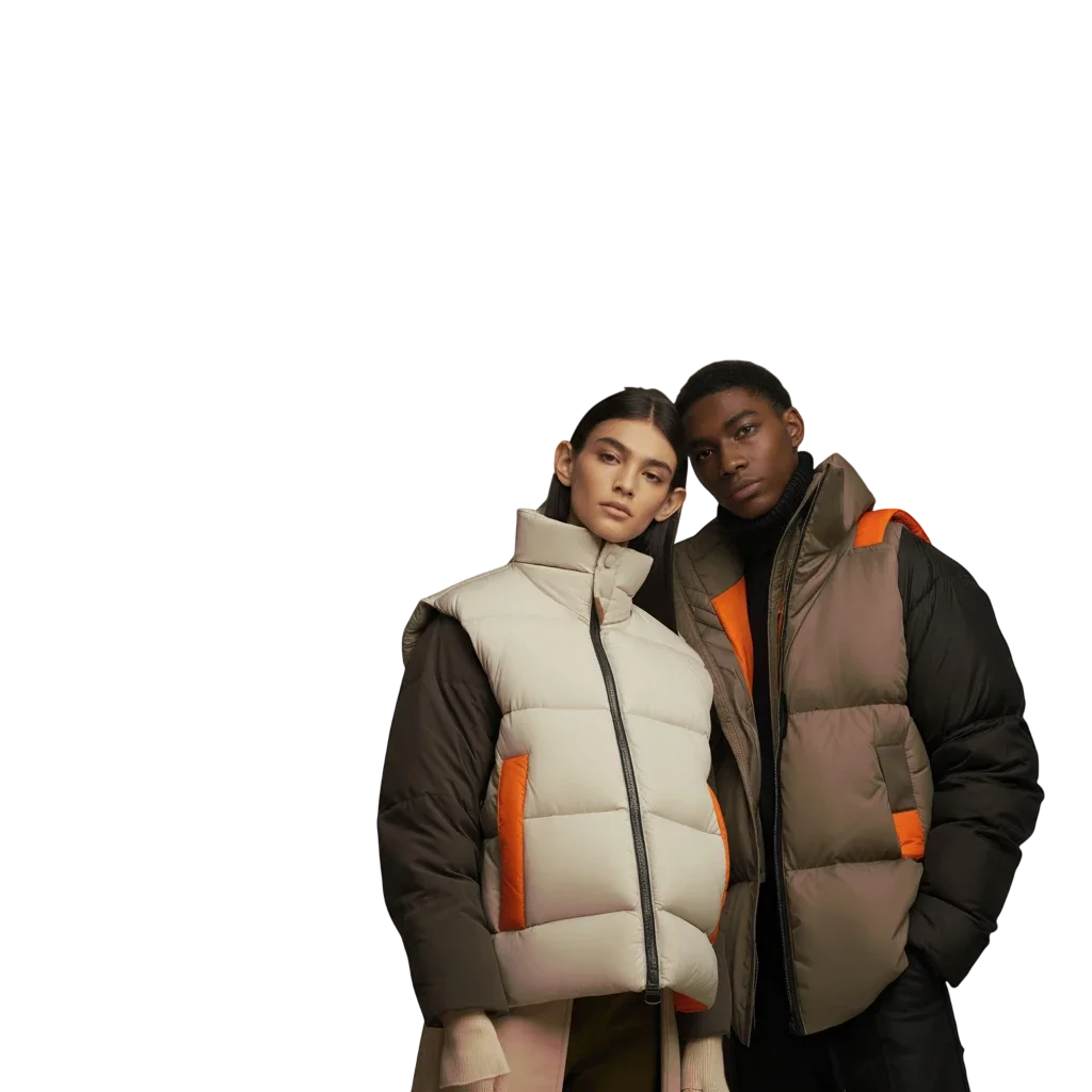 Two young adults, a woman and a man, stand close together, wearing winter puffer jackets with orange accents, against a plain background.
