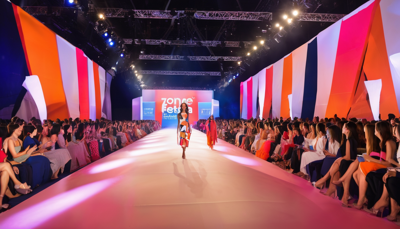 Fashion show runway with models walking, audience seated on both sides, colorful abstract wall designs, bright stage lighting, and a large screen displaying 'Zone Fetta' in the background.