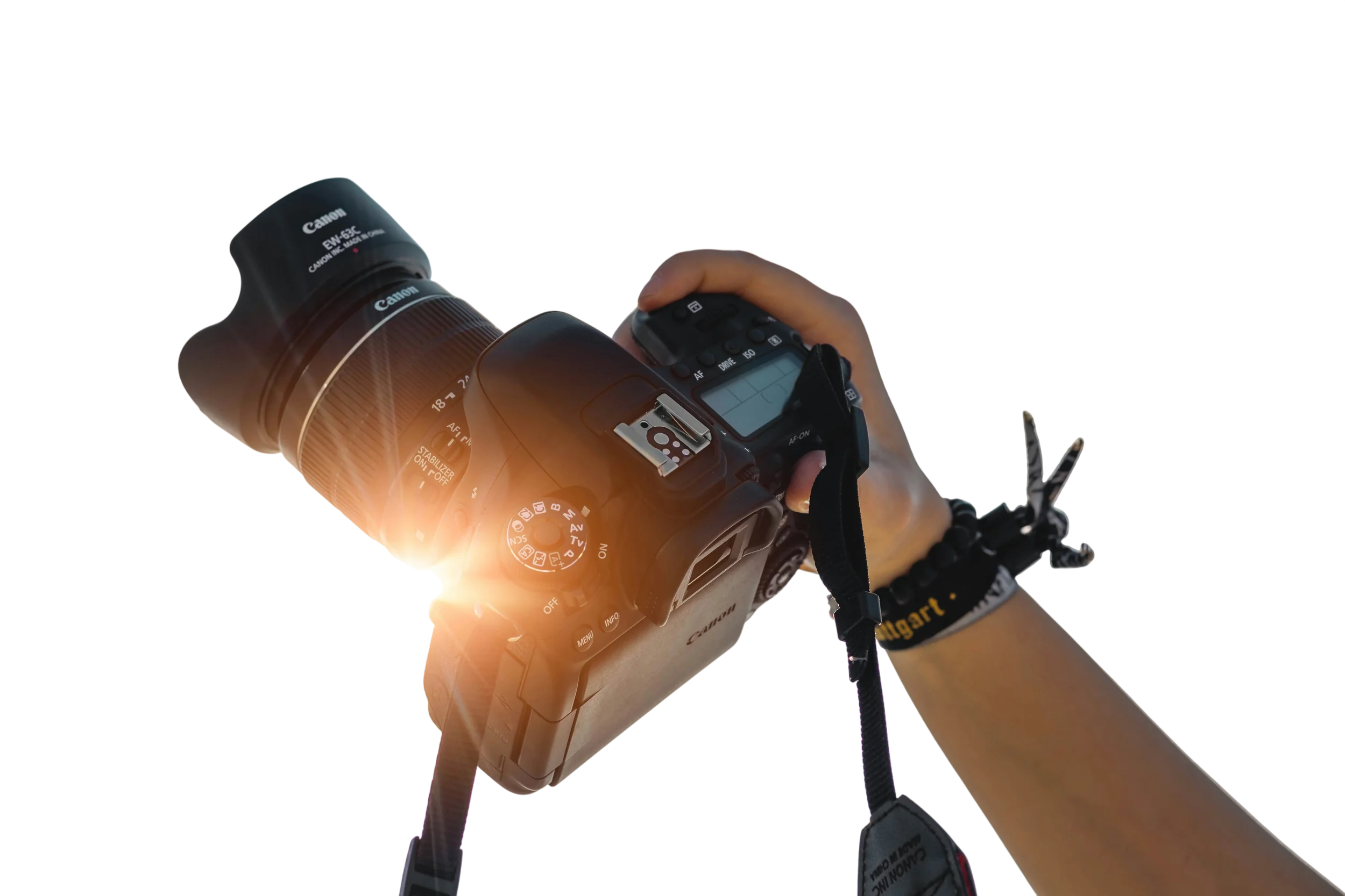 A person holding a Canon DSLR camera with a large zoom lens, capturing a photo outdoors during sunset or sunrise, with the camera strap hanging from their wrist.