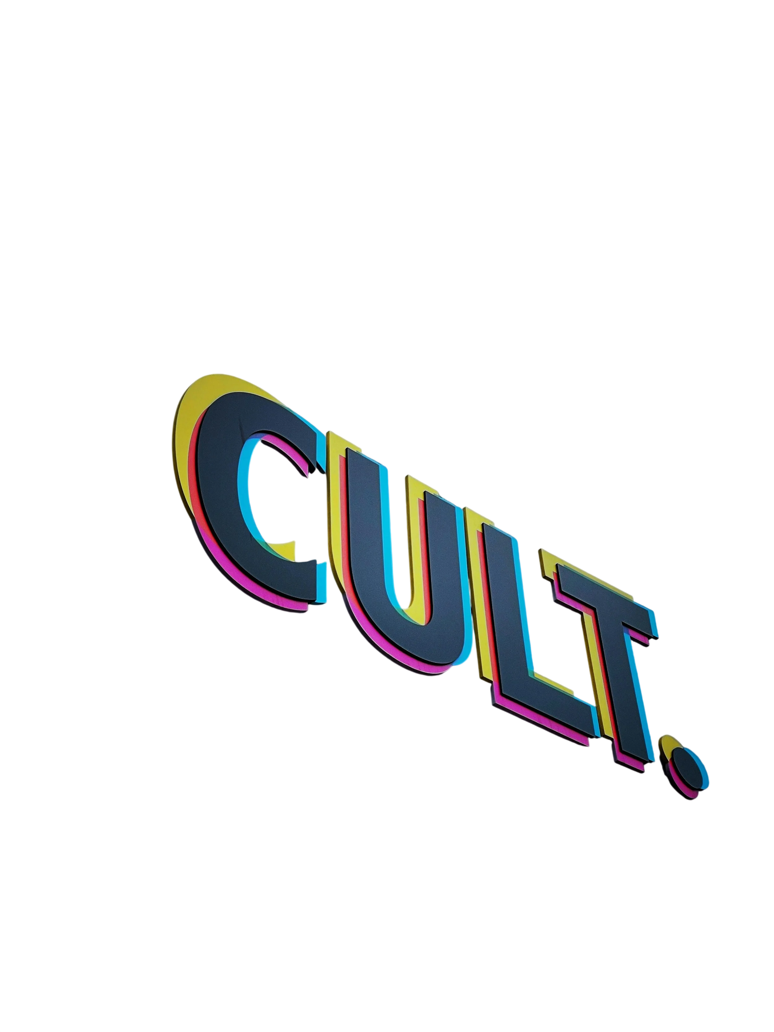 Colorful 3D neon sign spelling out the word "CINEMA" on a purple background.