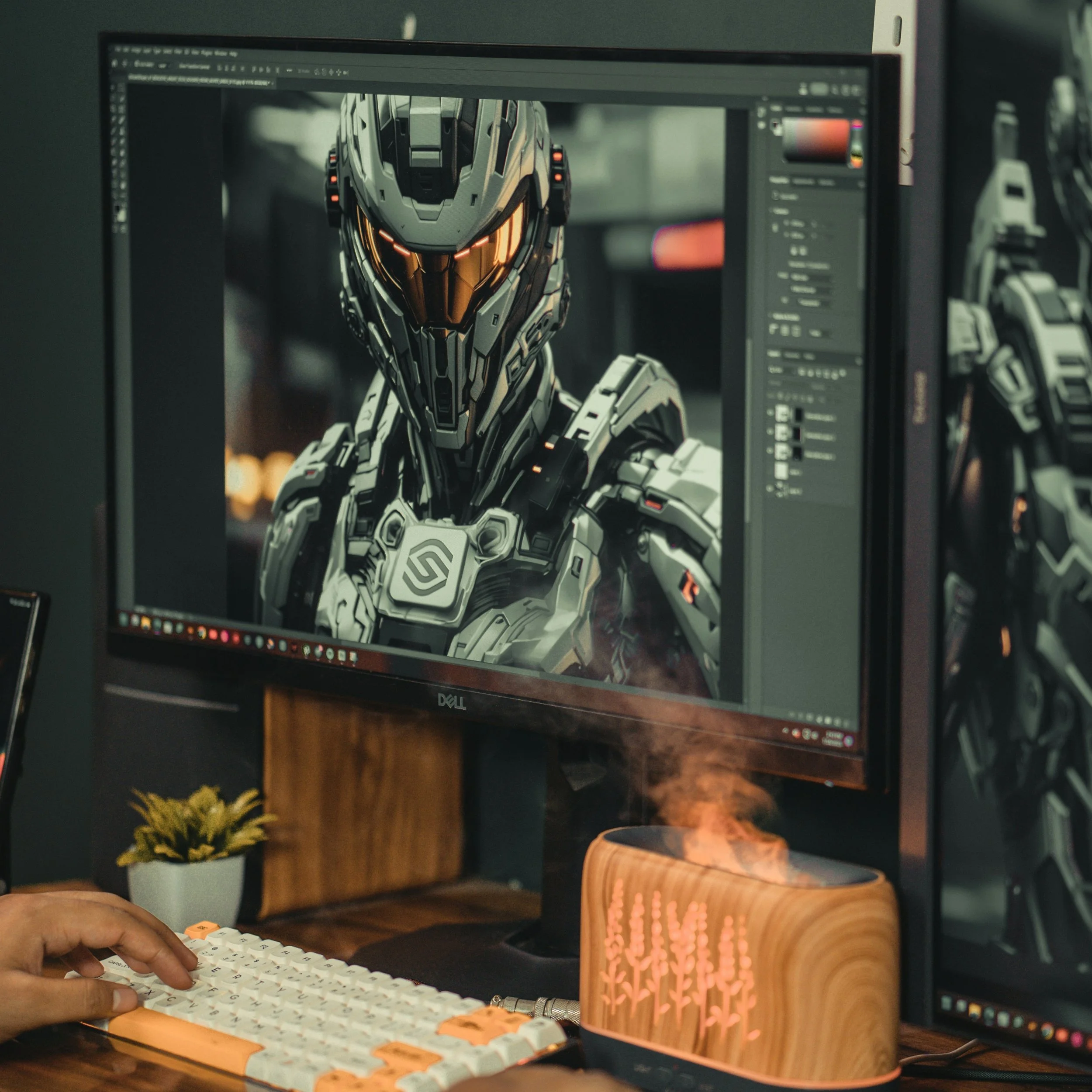 Close-up of a person typing on a mechanical keyboard with a computer monitor displaying a futuristic robotic helmet or mask