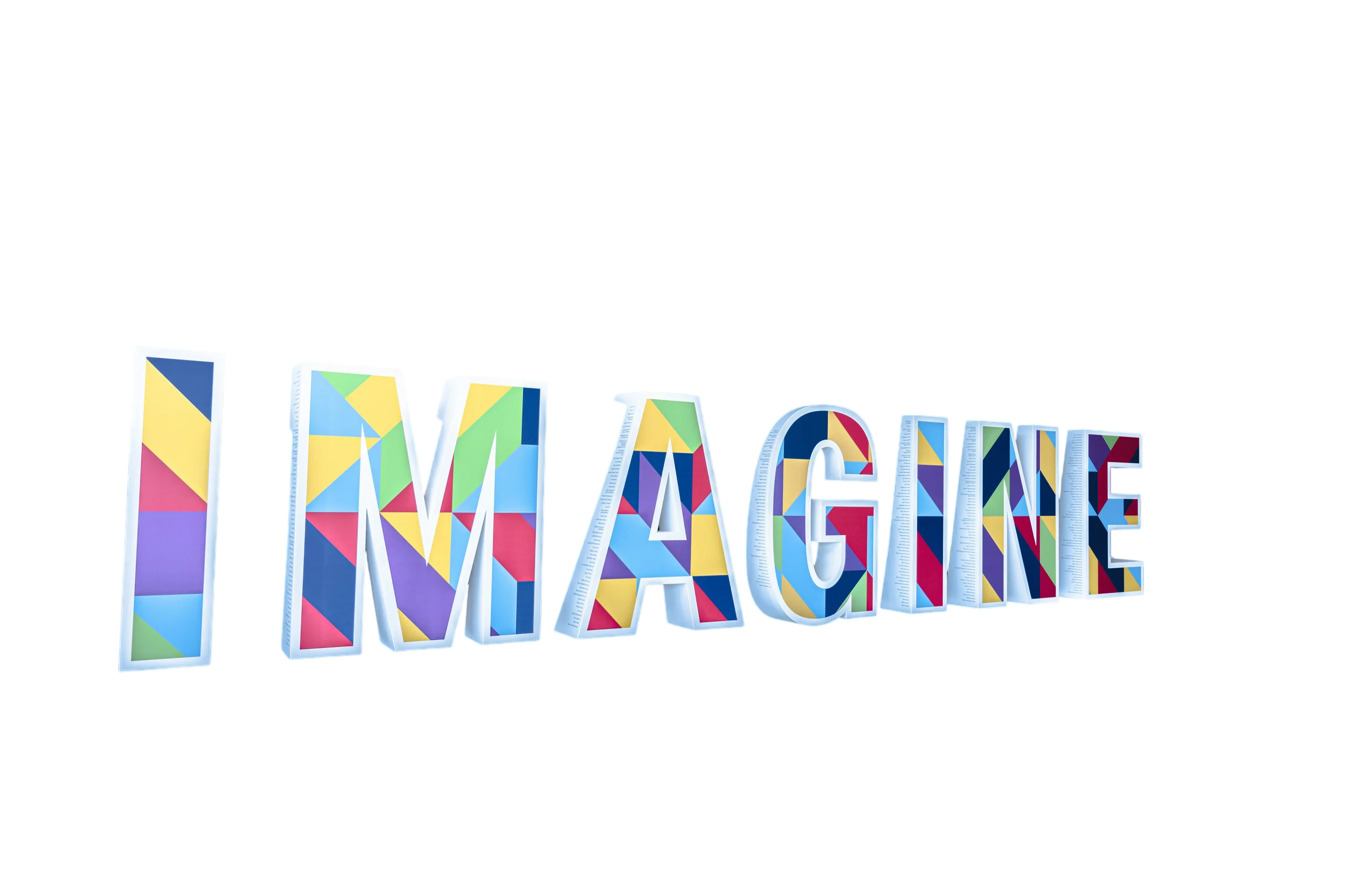 Colorful block letters spell out the word "IMAGINE" against a gradient background.
