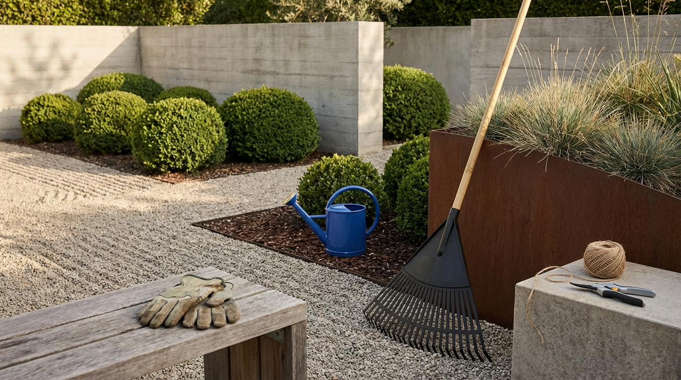 A backyard garden with green shrubs, a concrete wall, and gardening tools including a rake, watering can, gloves, and twine placed on a stone block.