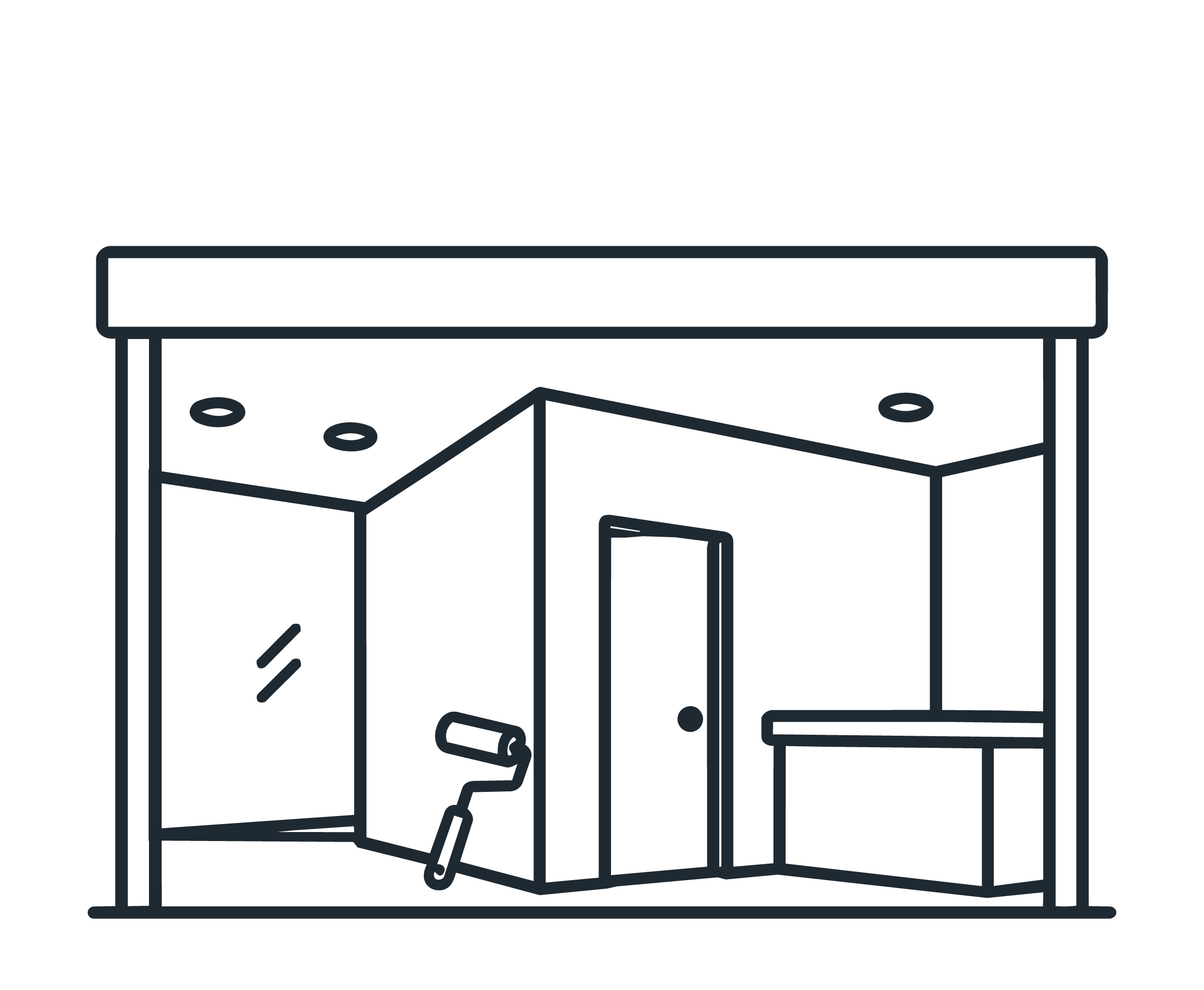 Line drawing of a retail store with shelves, products, a cash register, and shopping cart.
