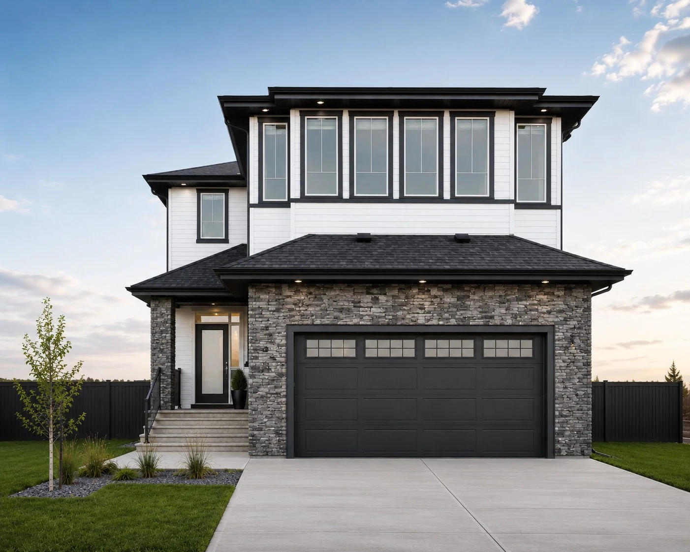 Modern two-story house with white siding and black accents, stone facade on the lower level, black garage door, small front steps, green lawn, and young tree in the yard.