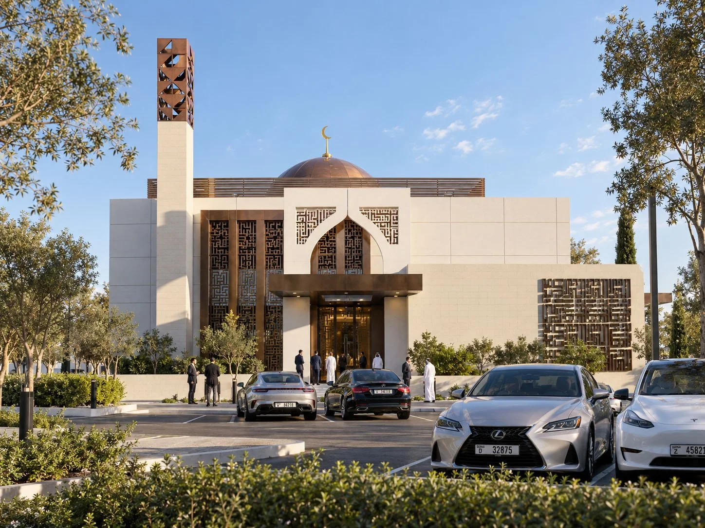 A modern mosque with a domed roof and tall minaret, featuring Islamic geometric patterns, with parked luxury cars and people entering and leaving.