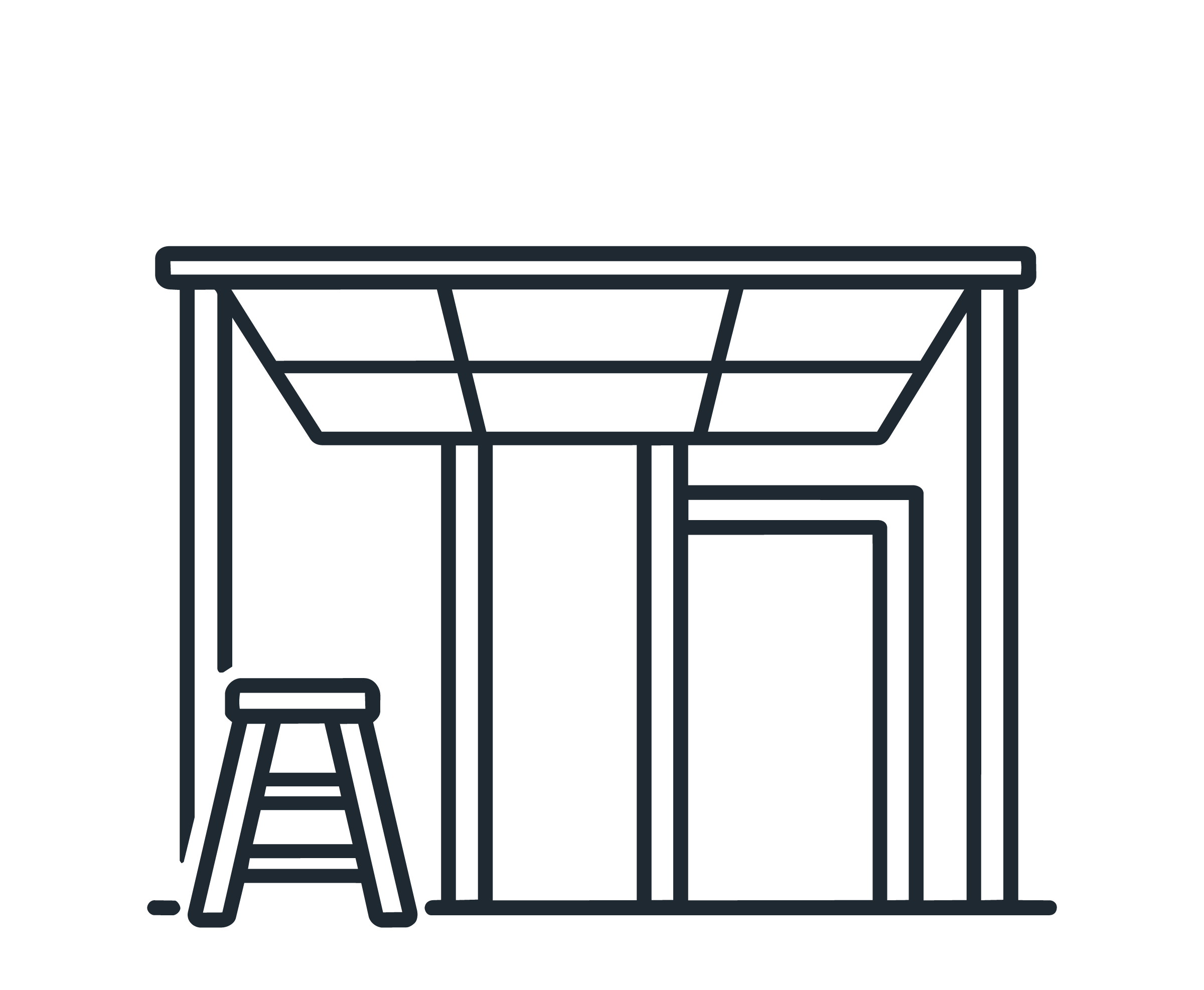 Outline drawing of a simple table with a single drawer underneath and four legs, with a small stool nearby.