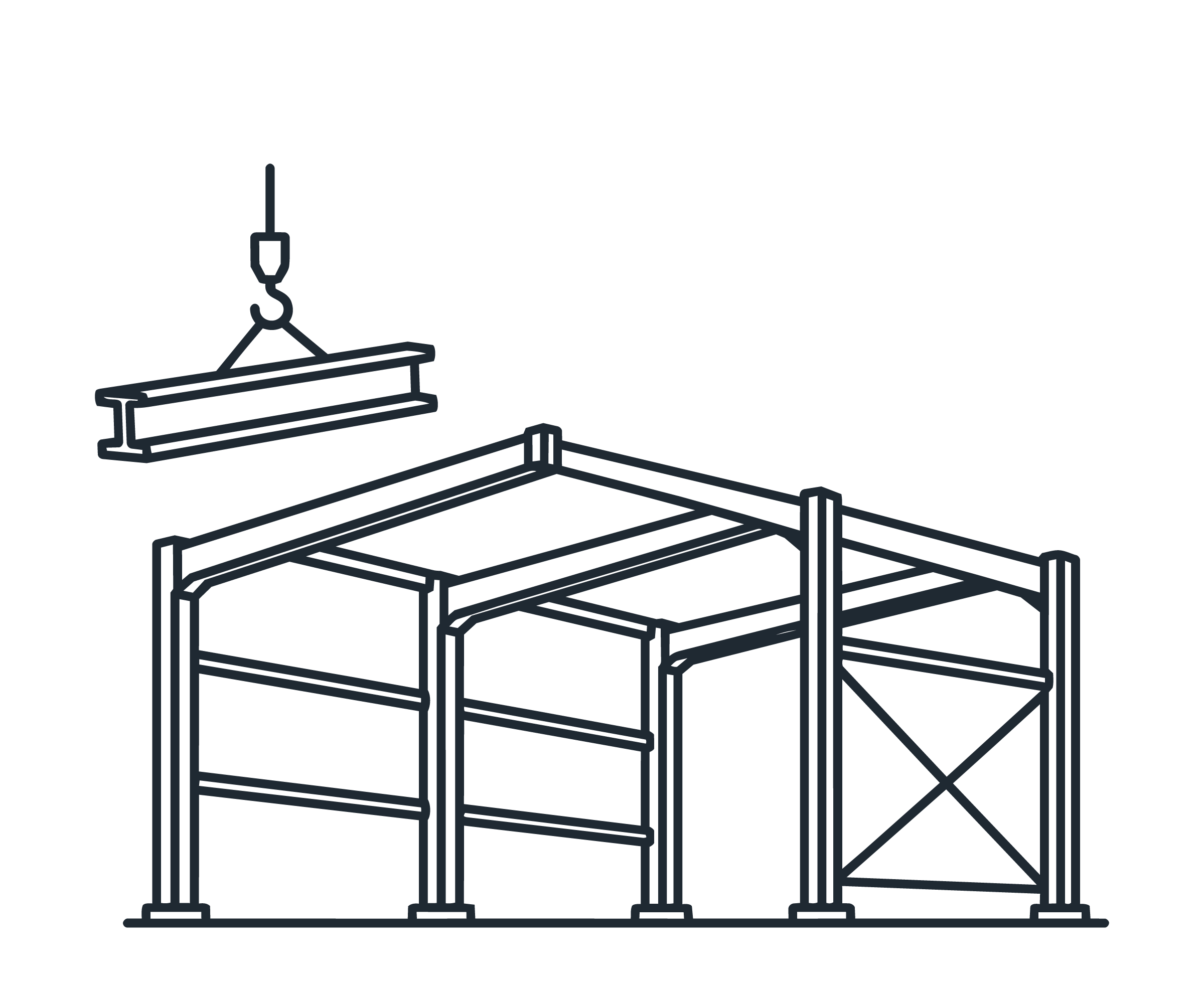 Outline drawing of metal shelving units with four shelves each, connected by vertical supports.