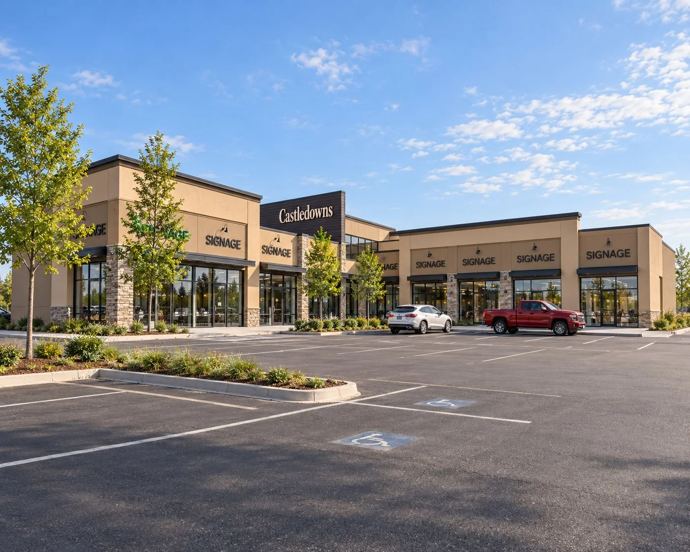 Strip mall with a sign that says Castle Downs and storefronts labeled signage, surrounded by mostly empty parking lot with a few parked cars, trees, and a blue sky with some clouds.