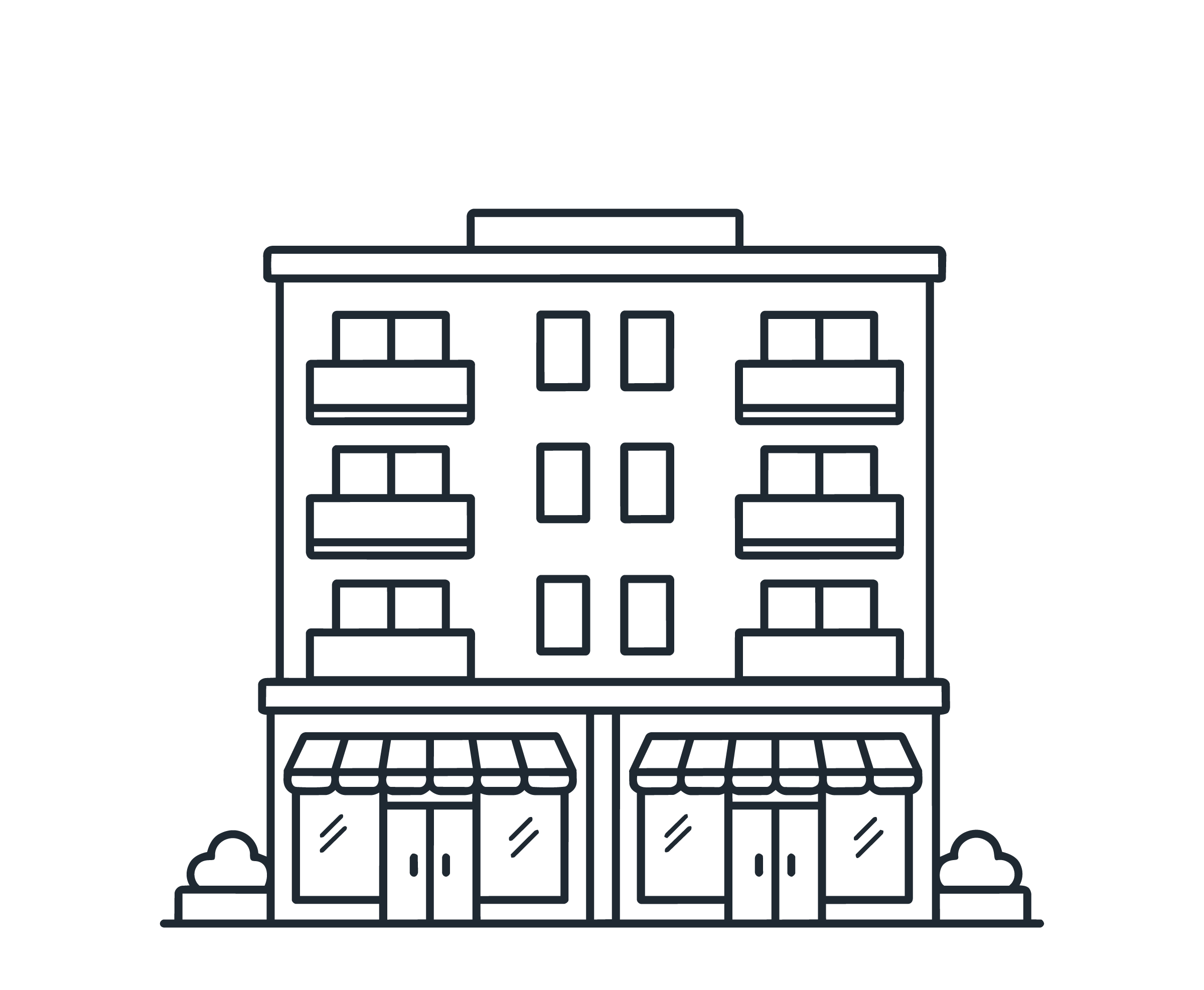 Outline drawing of a multi-story building with a central entrance, multiple windows, a flat roof, and a small decorative element at the bottom.