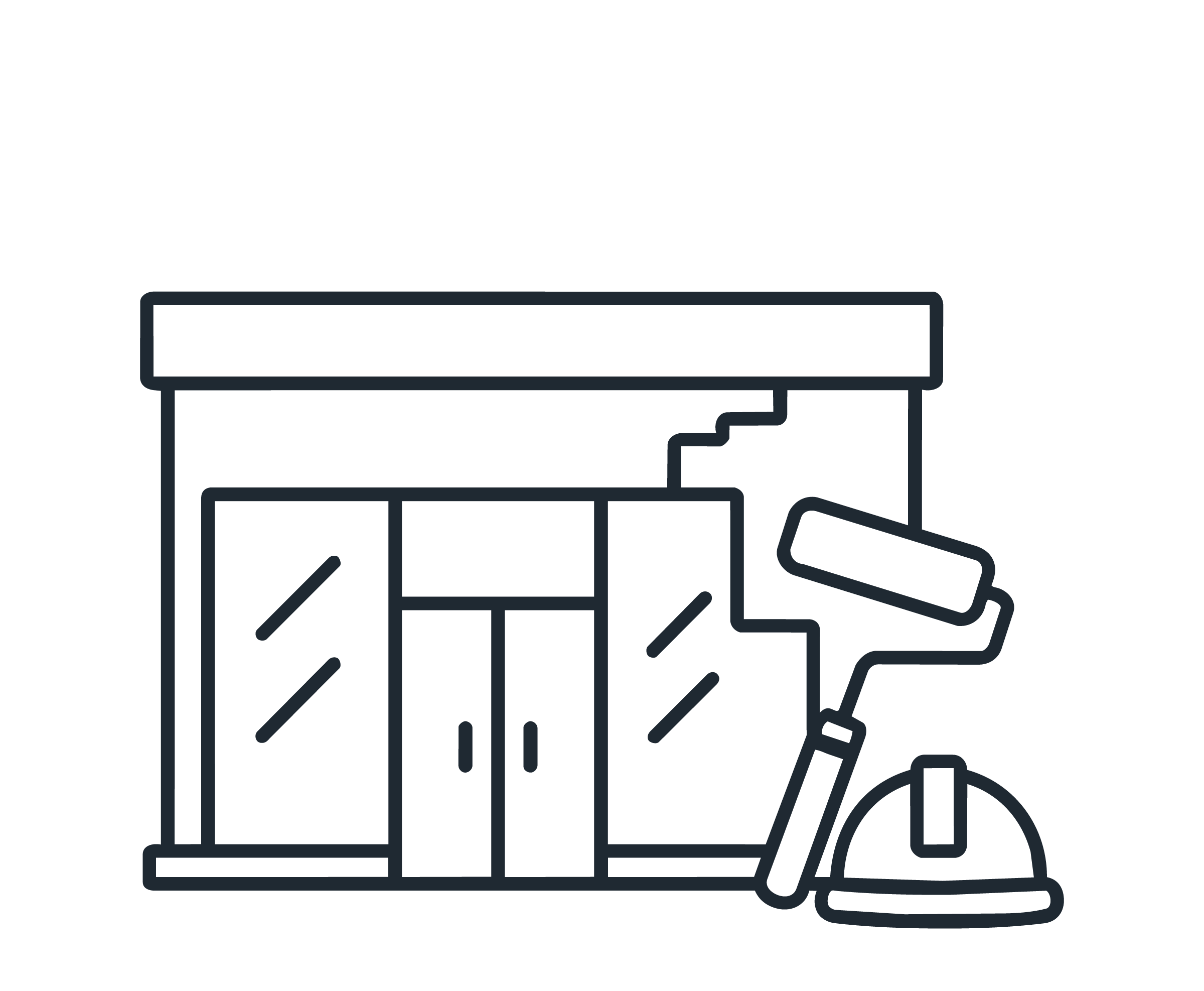 Line drawing of a workspace with a computer monitor, keyboard, and mouse, along with a speech bubble containing a checkmark.