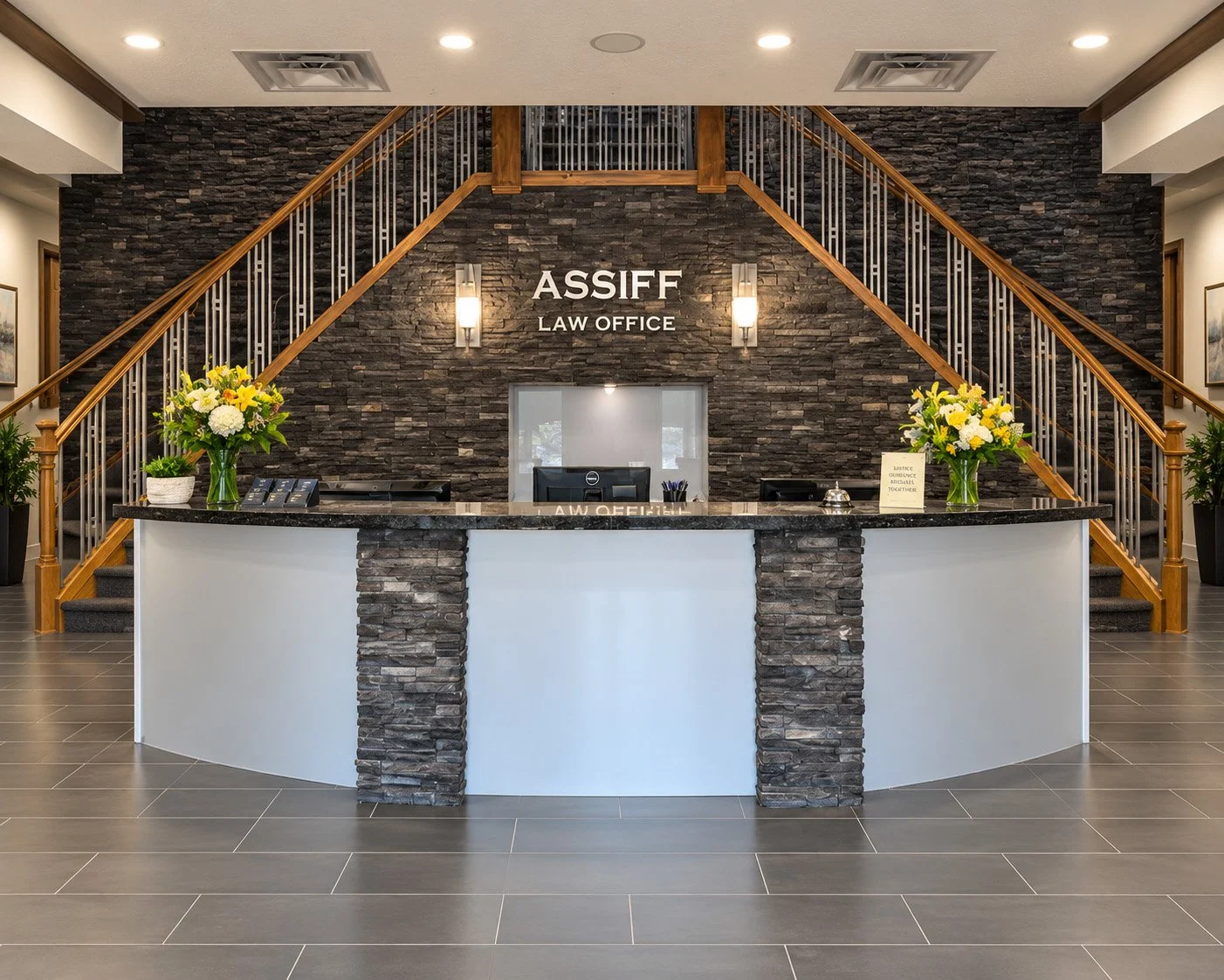 Reception area of a law office with a curved desk, black countertop, stone accents, flowers on each side, and a staircase on each side leading to an upper floor.
