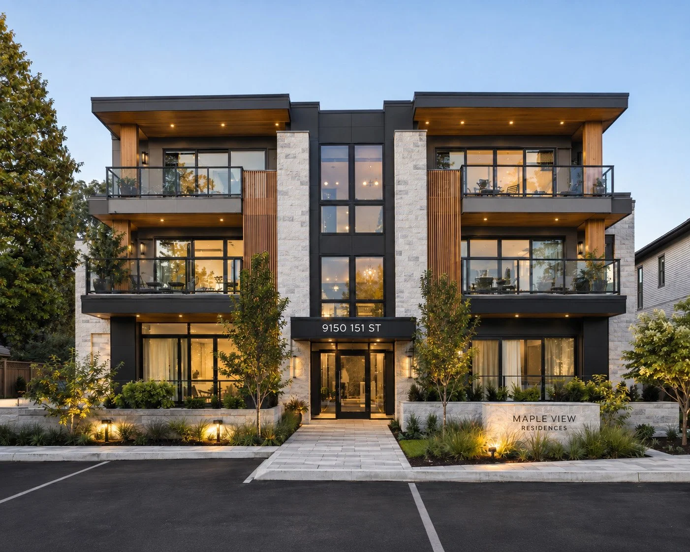 Modern multi-story residential building with balconies, glass railings, and exterior lighting, labeled 'Maple View Residences', located at 9150 151 St.