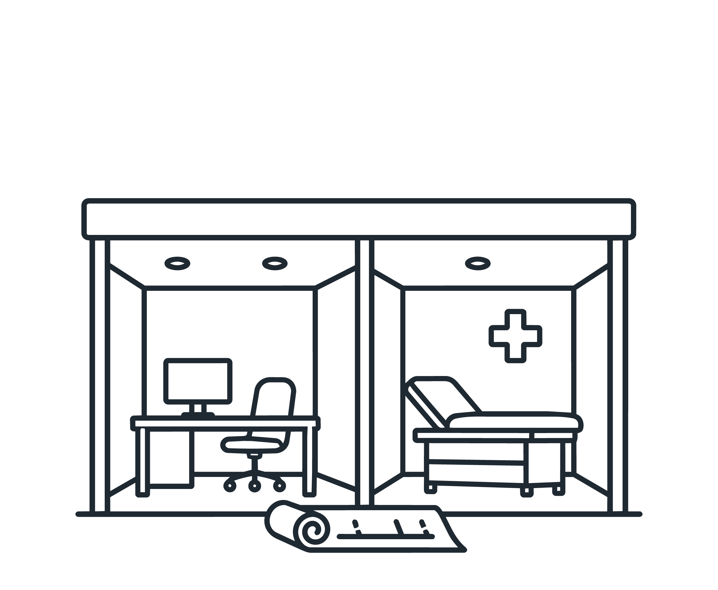 Outline drawing of a modern house with a front porch, large windows, a bookcase, a desk with a computer, and various furniture pieces.