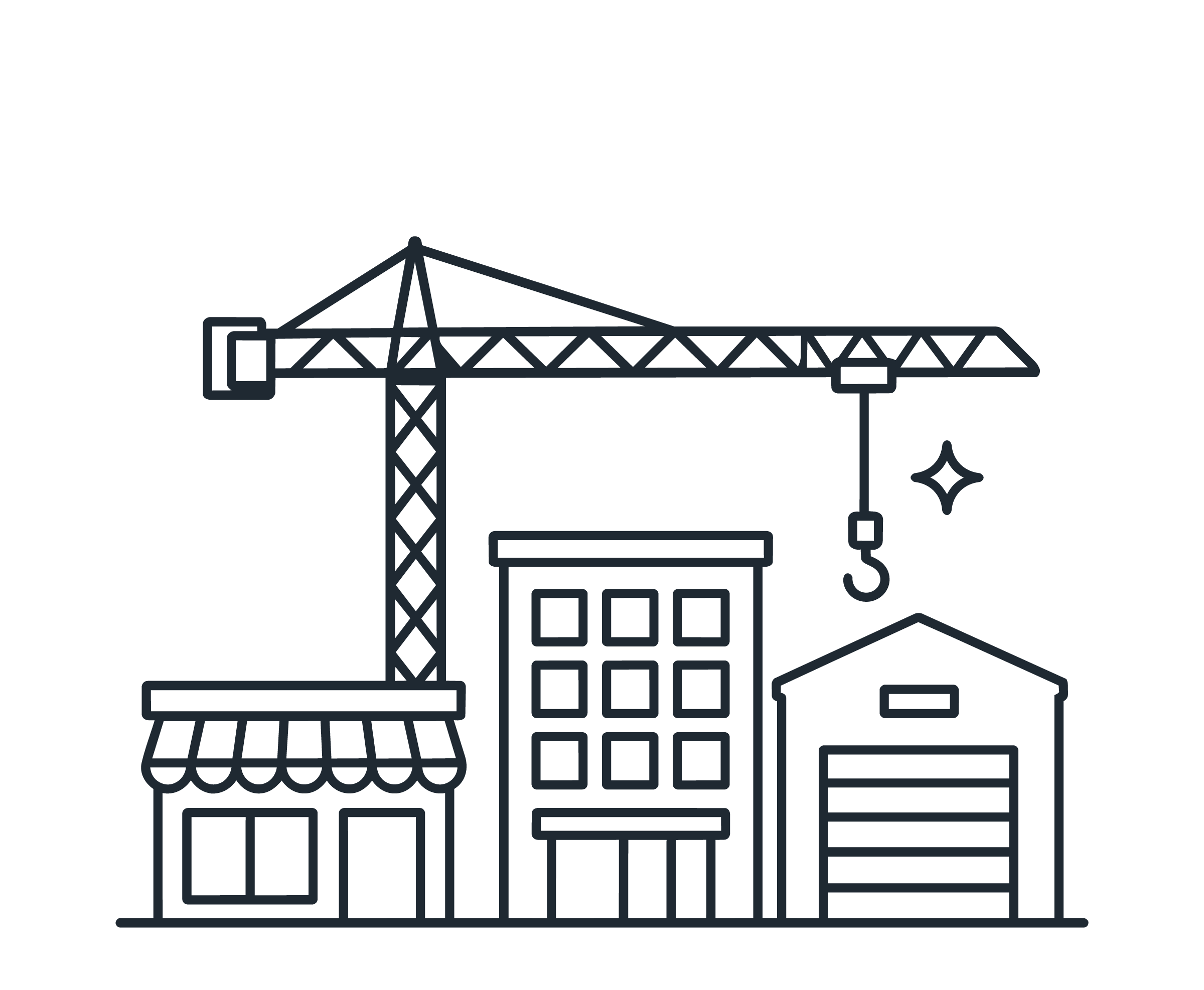Outline drawing of a construction crane overseeing a partially built cityscape with buildings and a city block.