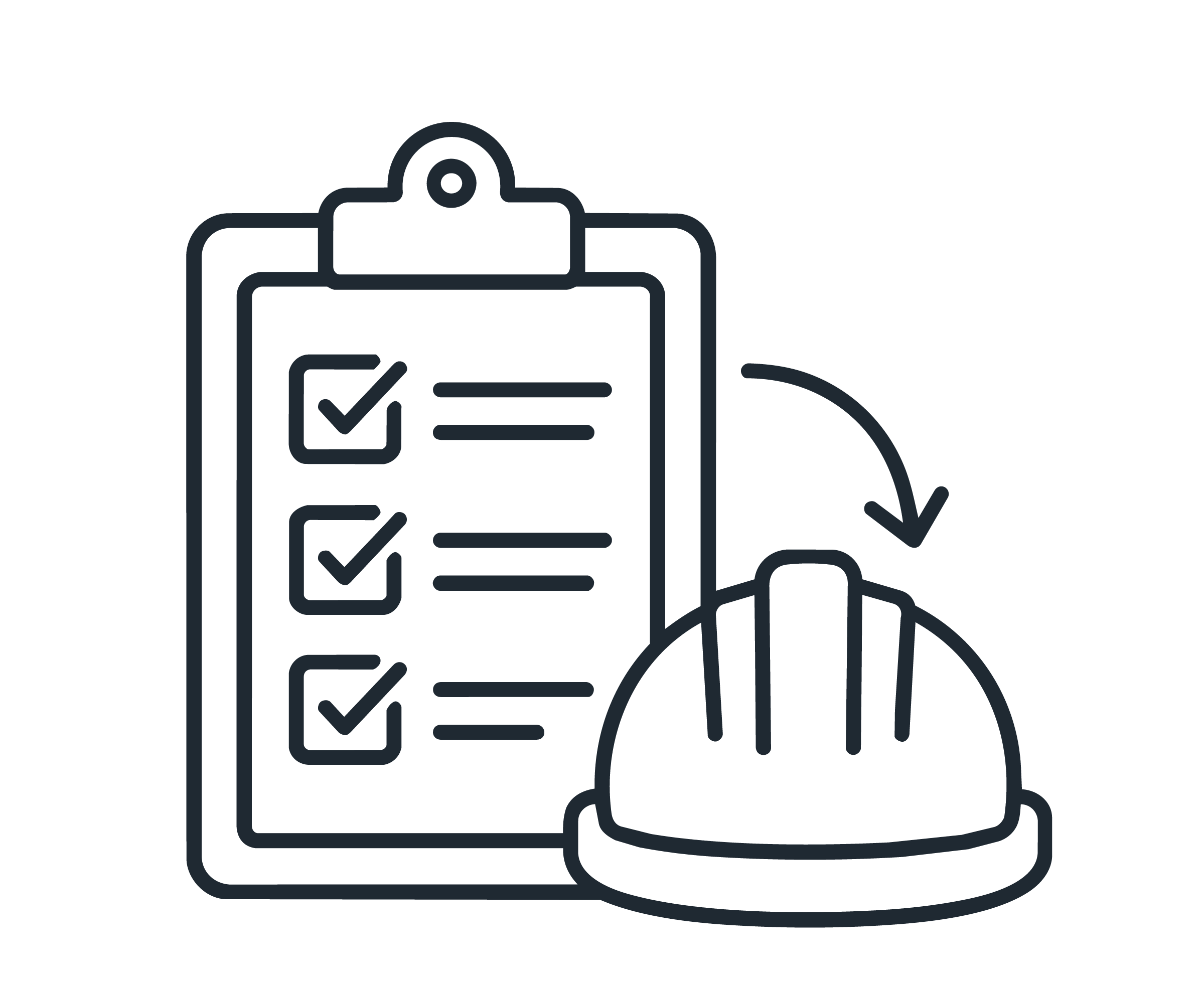 Line drawing of a clipboard with checkmarks, a pen, and a hand pointing to the clipboard.