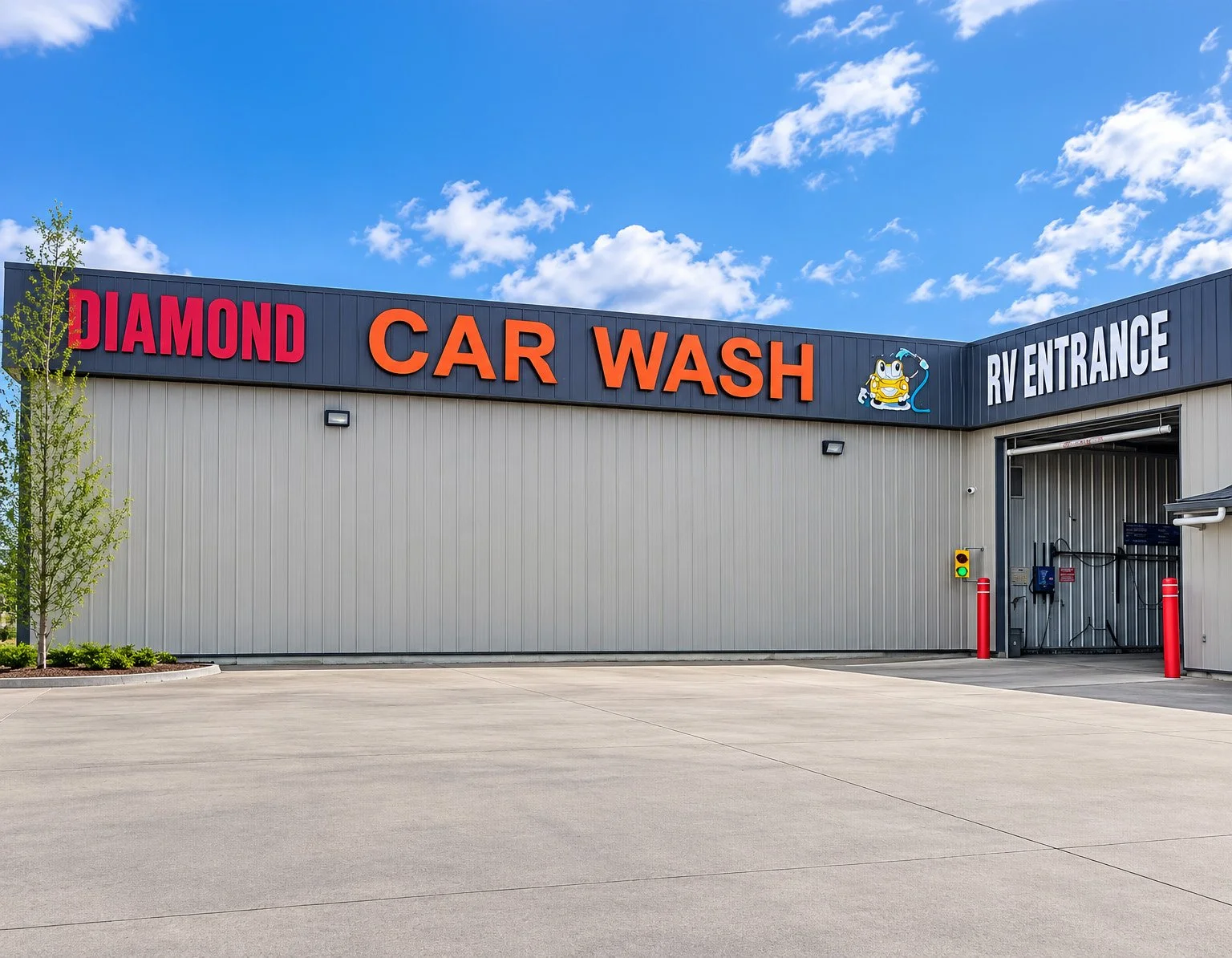 Exterior view of a car wash building with signage that reads "Diamond Car Wash" and "RV Entrance." There is a cartoon mascot of a yellow car with a hose at the corner of the building. The sky is blue with some clouds, and the parking lot is empty with a small landscaped area and a young tree.