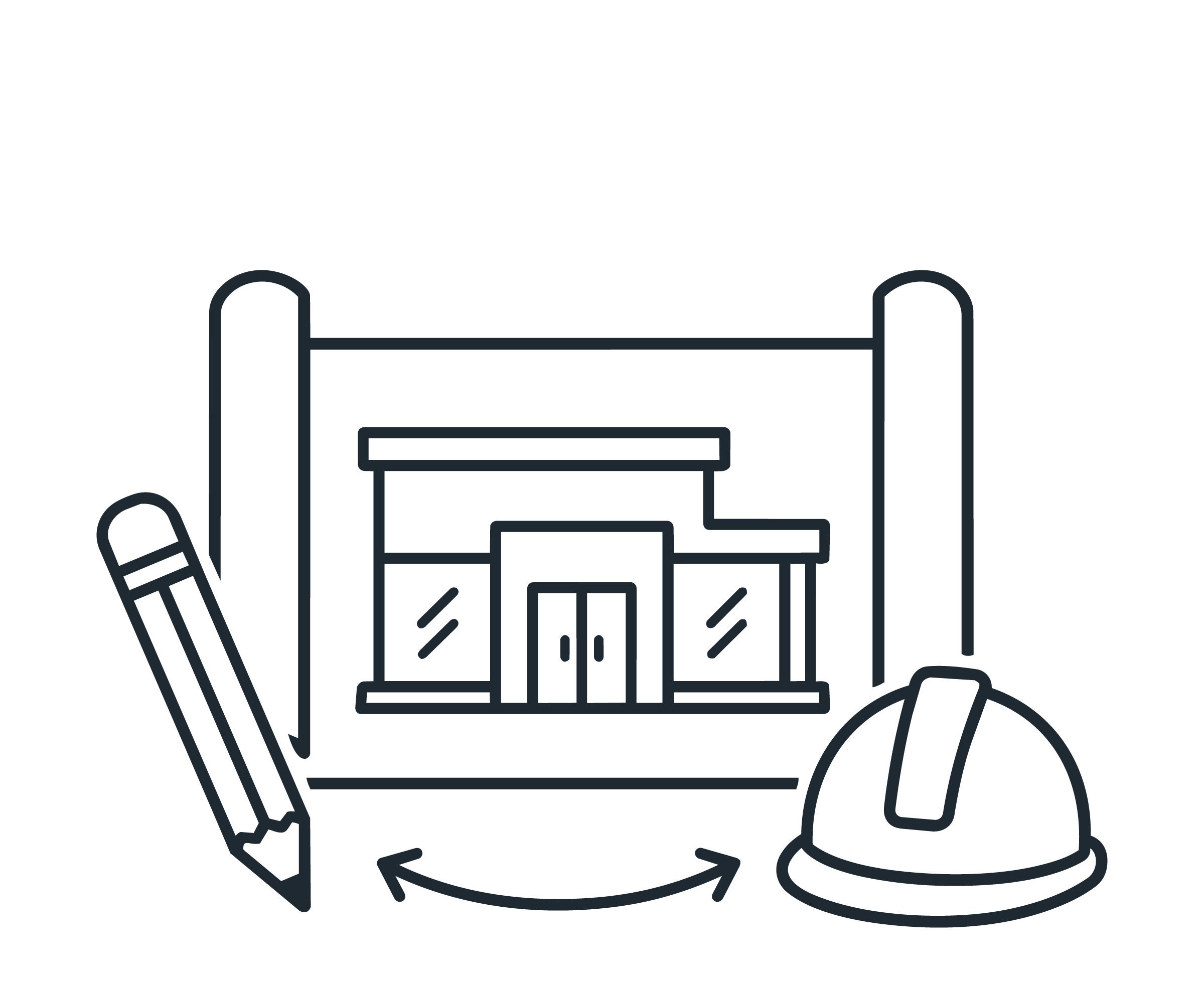 Line drawing of a house with a roof, windows, and a door, surrounded by office supplies including a pen, pencil, ruler, and paper.