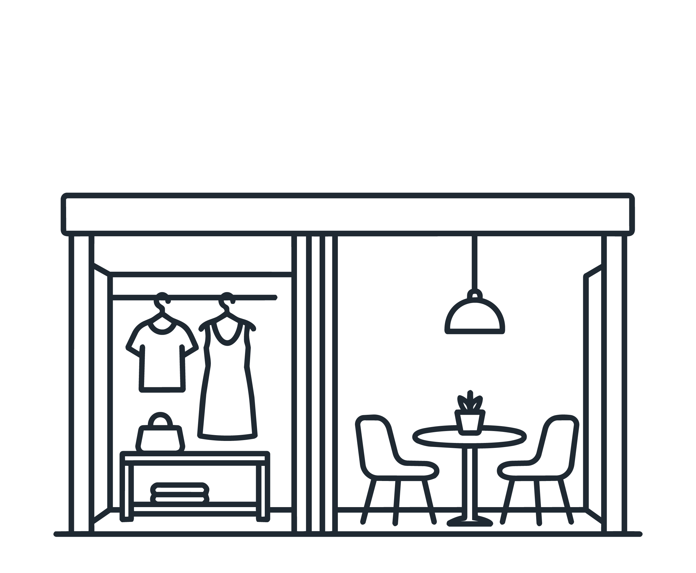 Outline drawing of a clothing store display with hanging shirts, a shopping bag, a table, a lamp, and some potted plants.
