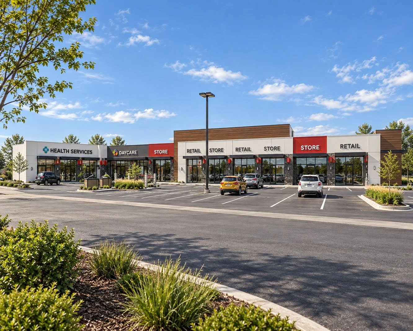 A modern shopping center with multiple retail stores, a health services facility, a daycare, and parking spaces, surrounded by trees and greenery on a sunny day.