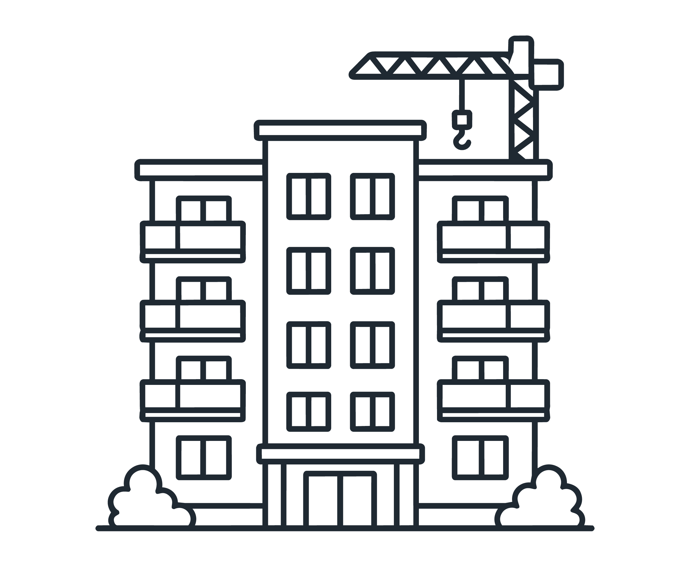 Outline drawing of a construction site with a building under construction, scaffolding, a tower crane, and construction materials.