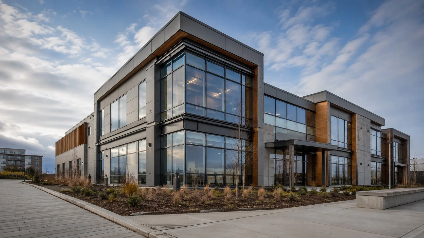Modern commercial building with large glass windows and a landscaped walkway in front, under a cloudy sky.