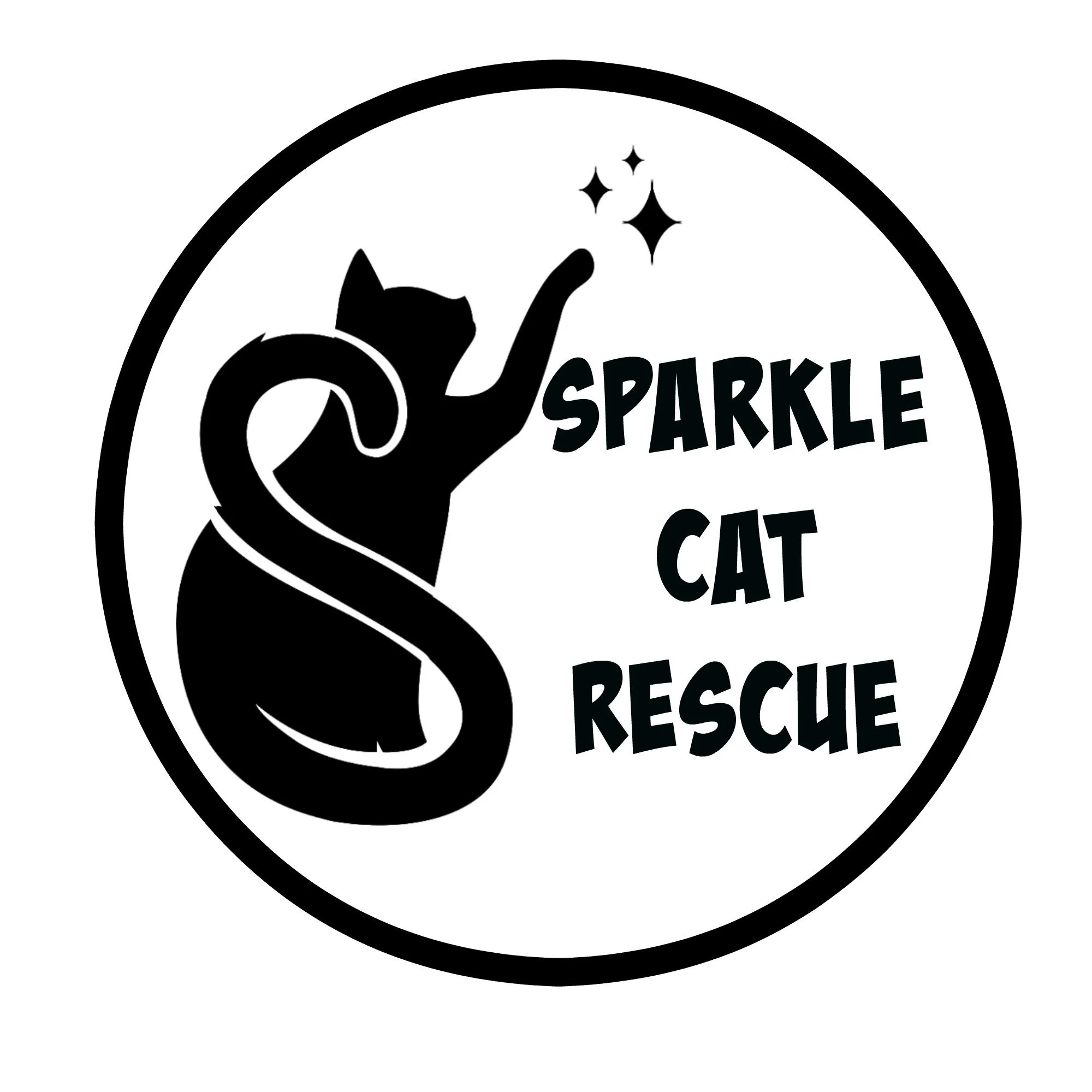 Black and white circular logo with a silhouette of a cat with a raised paw and sparkles, alongside the words 'Sparkle Cat Rescue'.