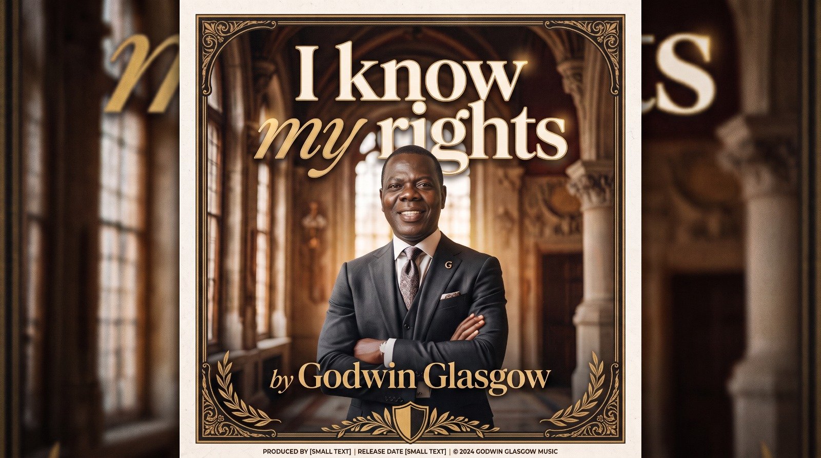 Book cover titled "I Know My Rights" by Godwin Glasgow, featuring a man in a suit standing with arms crossed in a grand, ornate hall with high windows.