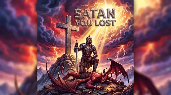 A digitally illustrated scene with dark stormy clouds and lightning, showing a knight kneeling on a mountain top holding a sword and cross, with a defeated demon lying on the ground chained. The text at the top reads, 'SATAN YOU LOST'.